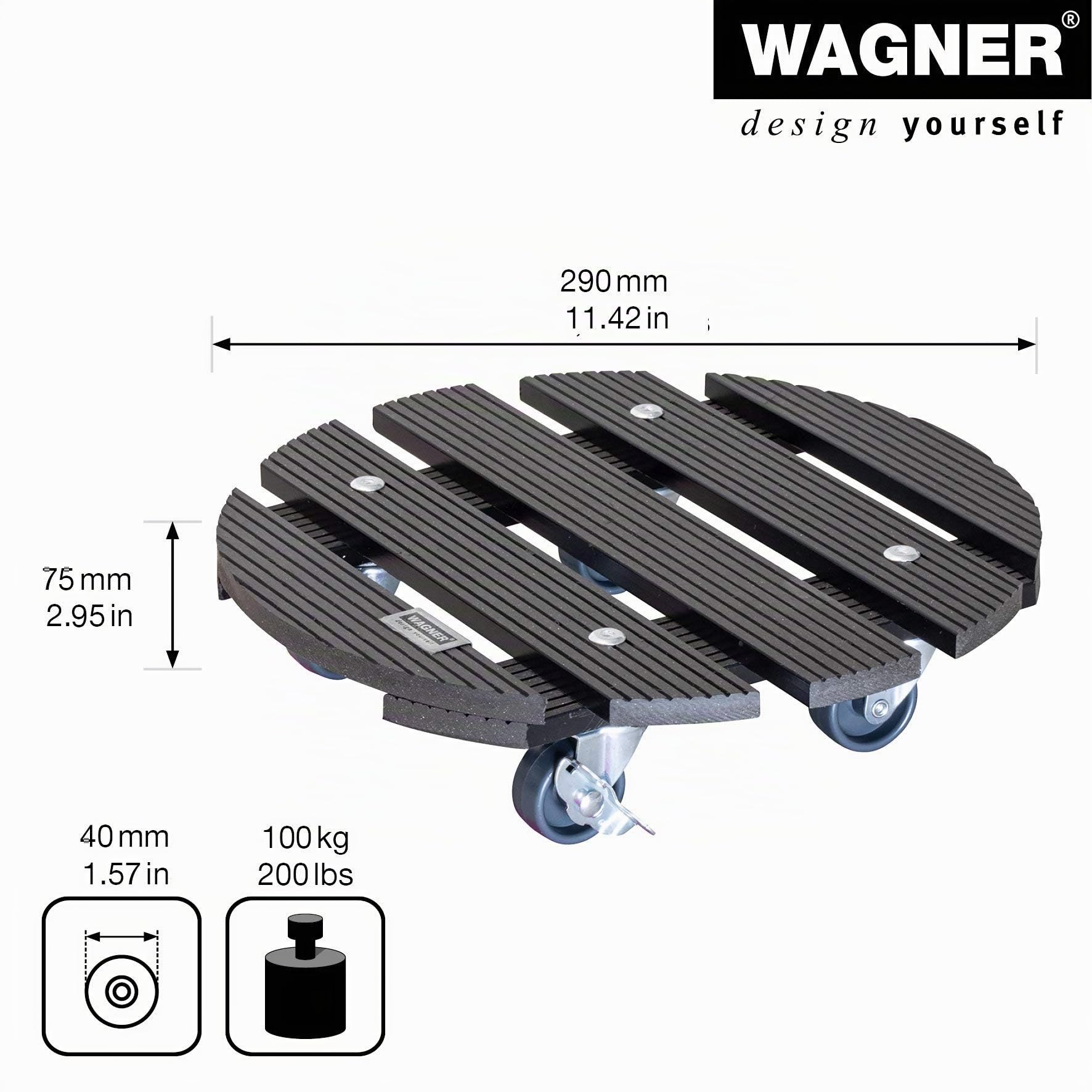 WAGNER Chariot de Plantes WPC Ø 29 x 7 cm | Porte Plante pour intérieur + extérieur | Support Roulant pour Pot en Composite Bois-Plastique, Anthracite, 2 Freins | Capacité de Charge 100 kg - 20052501
