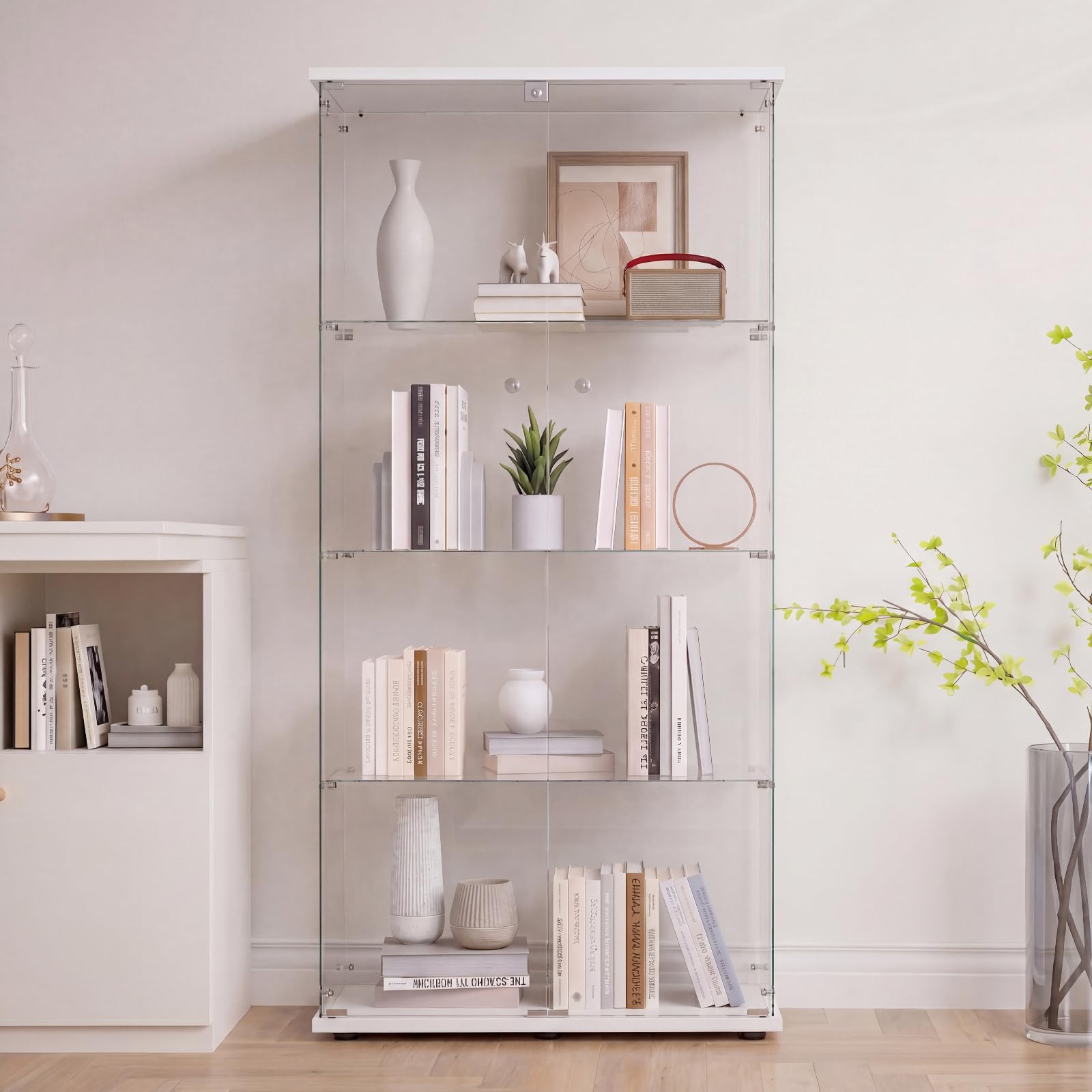 DADEA Vitrina Cristal 4 Estantes y 2 Puerta, Vitrina con Cerradura, 36,5 x 80,5 x 164cm, Columna Expositora Vidrio MuebleVitrina Expositora Armario Vidrio VitrinaExpositora AltaVitrina Suelo, Blanco