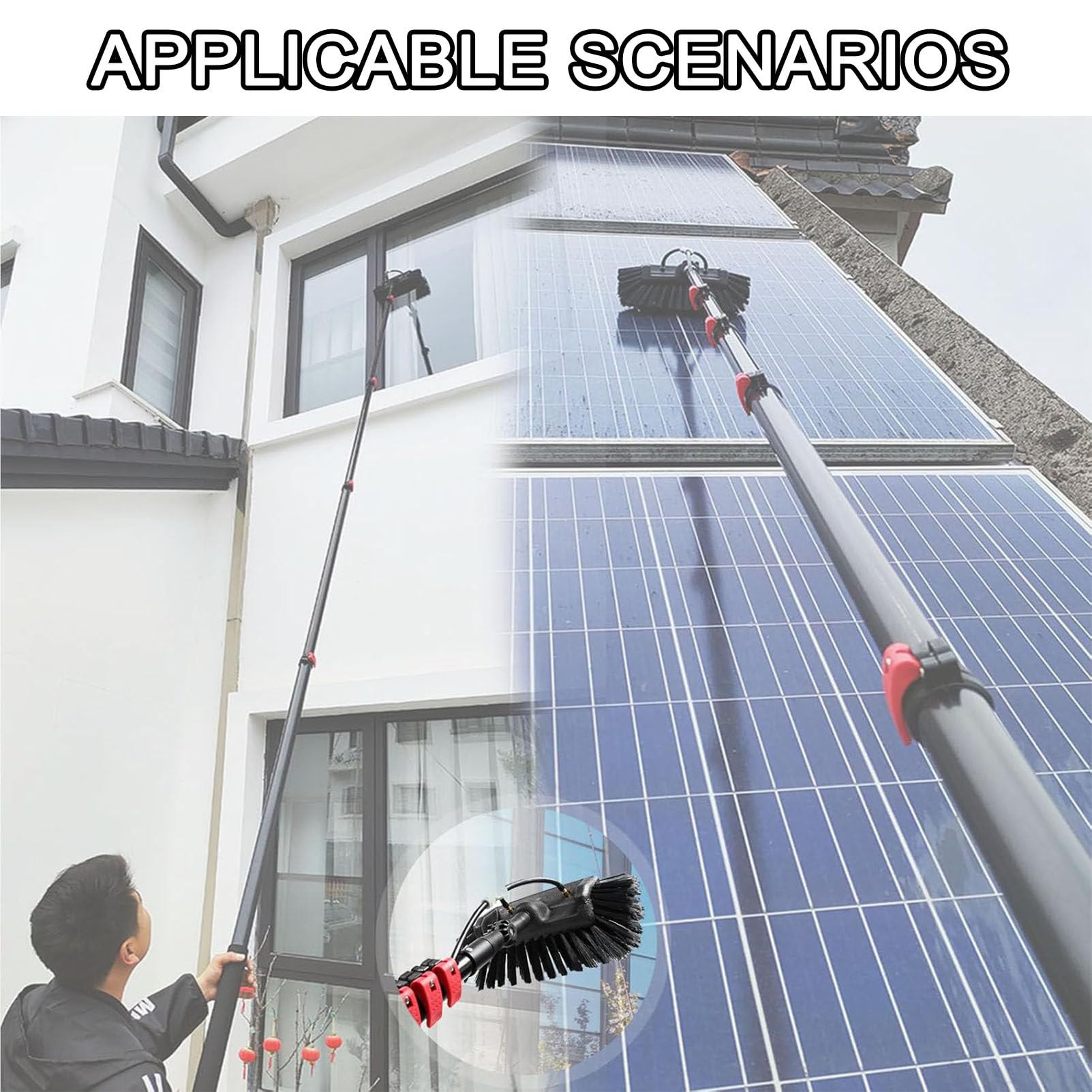 Teles - Spazzola per la pulizia dei pannelli solari alimentati ad acqua, strumento di pulizia per pannelli solari esterni, allungabile 29 cm-7,2 m, ideale per la manutenzione di impianti fotovoltaici