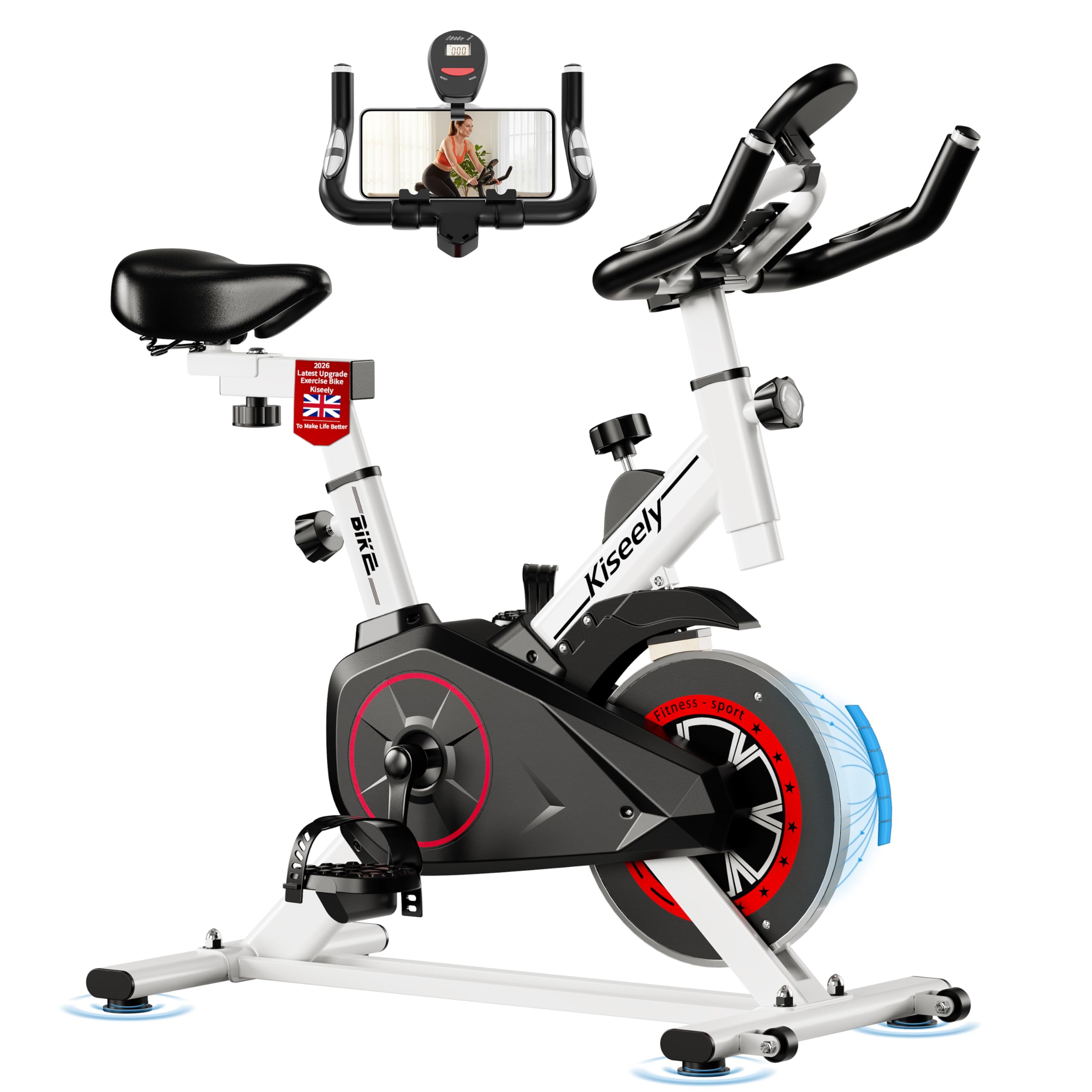 Exercise Bikes, Stationary Bike with Adjustable Magnetic Resistance Spin, Indoor Cycling Bike with LCD Display, Comfortable Seat for Home Gym (White H1)