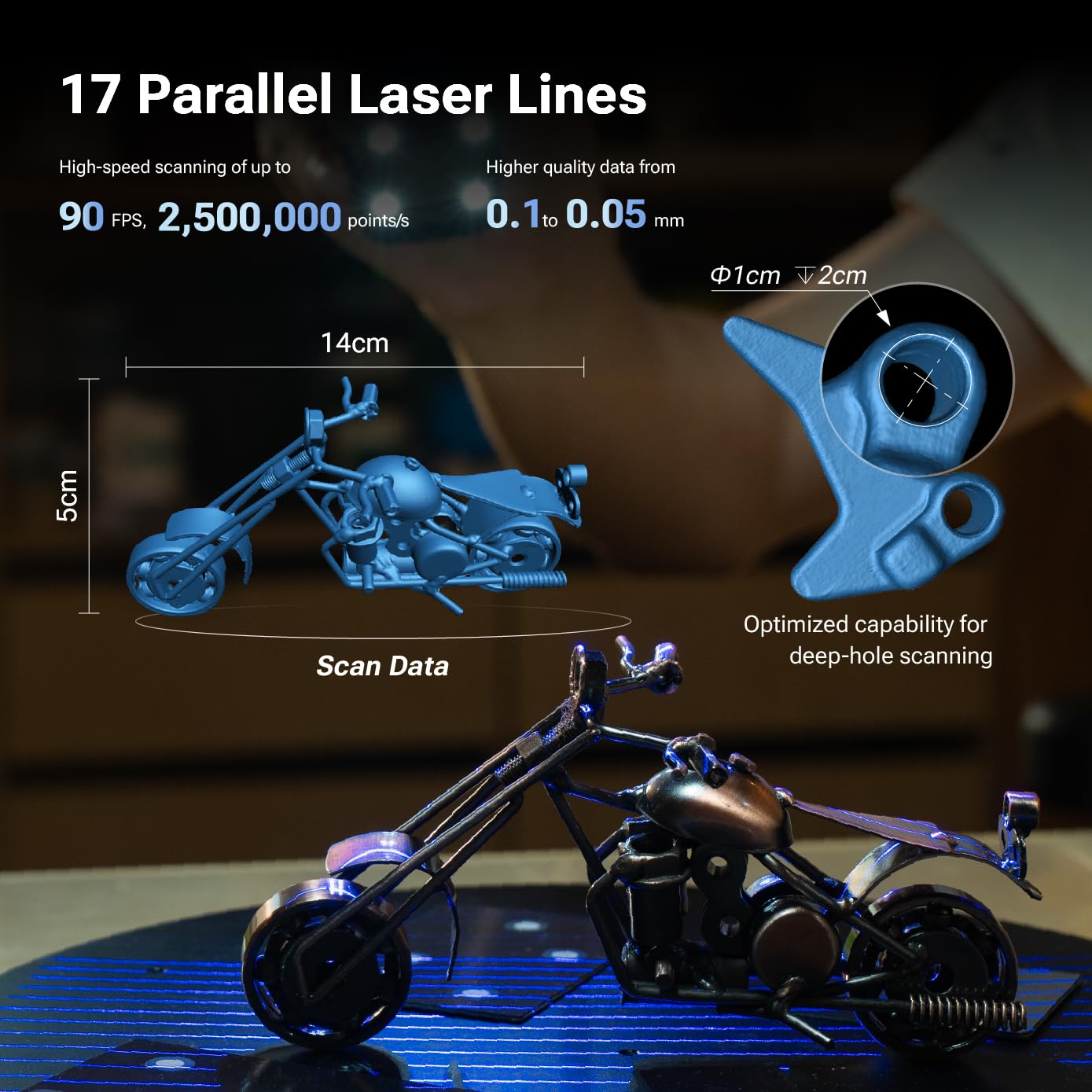 EINSTAR 2 scanner 3D senza fili, 17 linee laser blu parallele e luce infrarossa VCSEL compatibile con la scansione 3D di oggetti da piccoli a grandi, fino a 90 FPS di scansione ad alta velocità