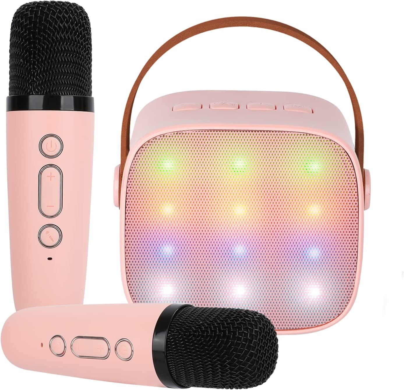 Nnewvante Mini Karaoke Machine for Kids, Portable Bluetooth Speaker with 2 Wireless Microphone for Adults with Led Lights, Karaoke Gifts for Girls and Boys Birthday Home Party(Pink)