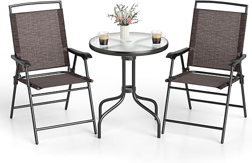 Goplus Juego de 2 mesas y sillas de bistró, juego de 3 piezas para patio al aire libre con agujero para sombrilla de 1.57 pulgadas, mesa de vidrio