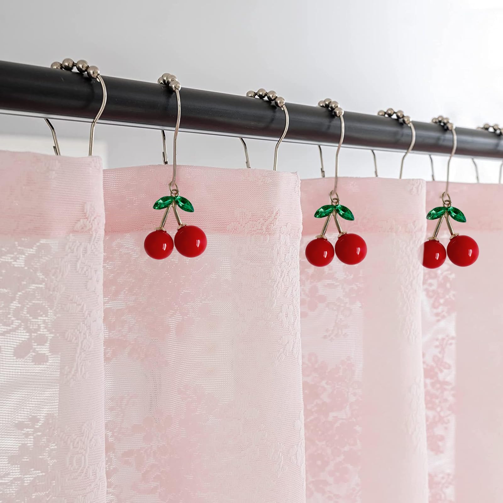 Ganci per tenda da bagno a forma di ciliegia, per asta da doccia (12 pezzi) – Anello per tenda in metallo antiruggine con ciliegia rossa
