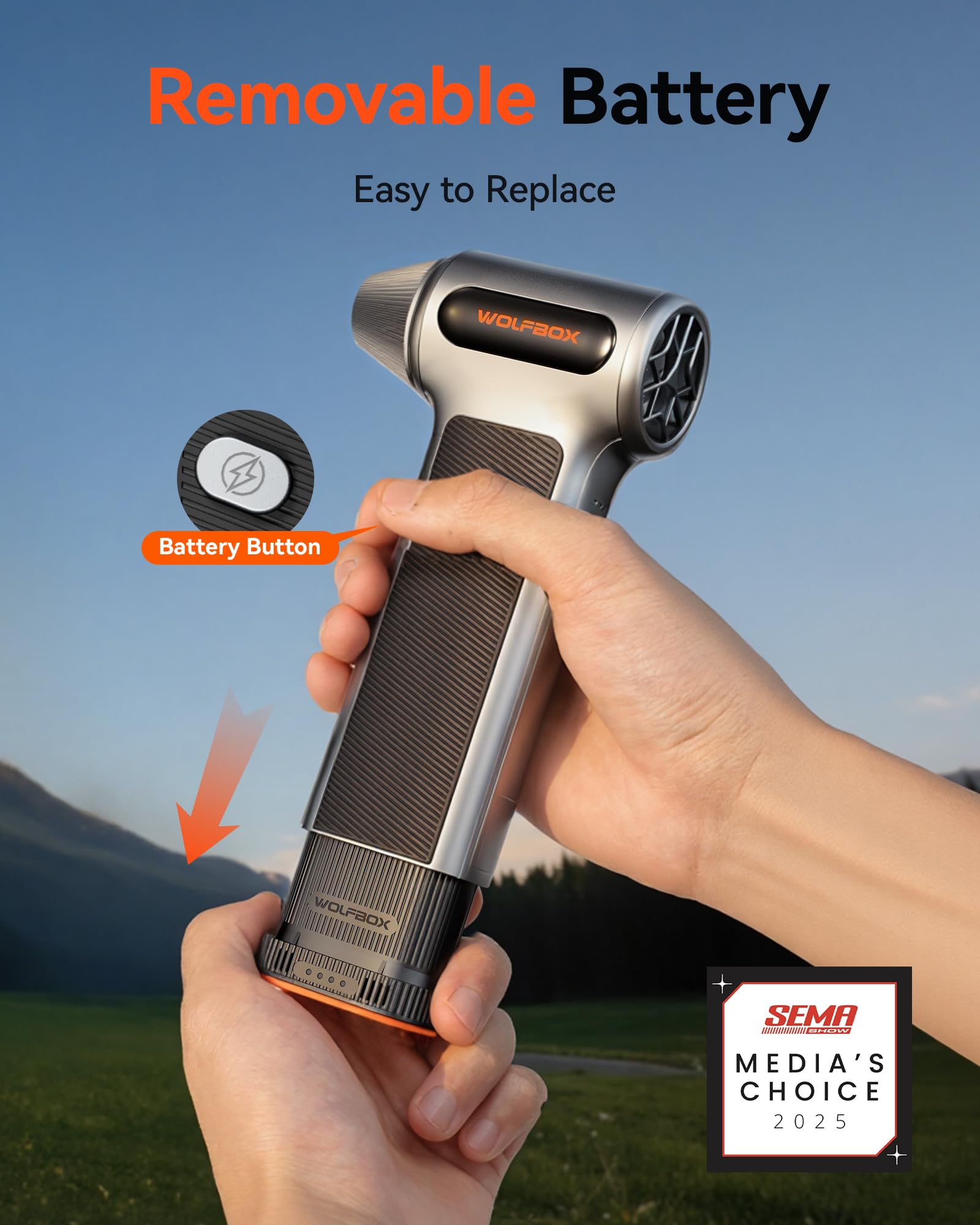 WOLFBOX MF200 - Spolverino elettrico ad aria con batteria rimovibile e 4 ugelli, mini ventilatore senza fili regolabile a 3 velocità per tastiera del computer, pulizia auto, casa e uso esterno