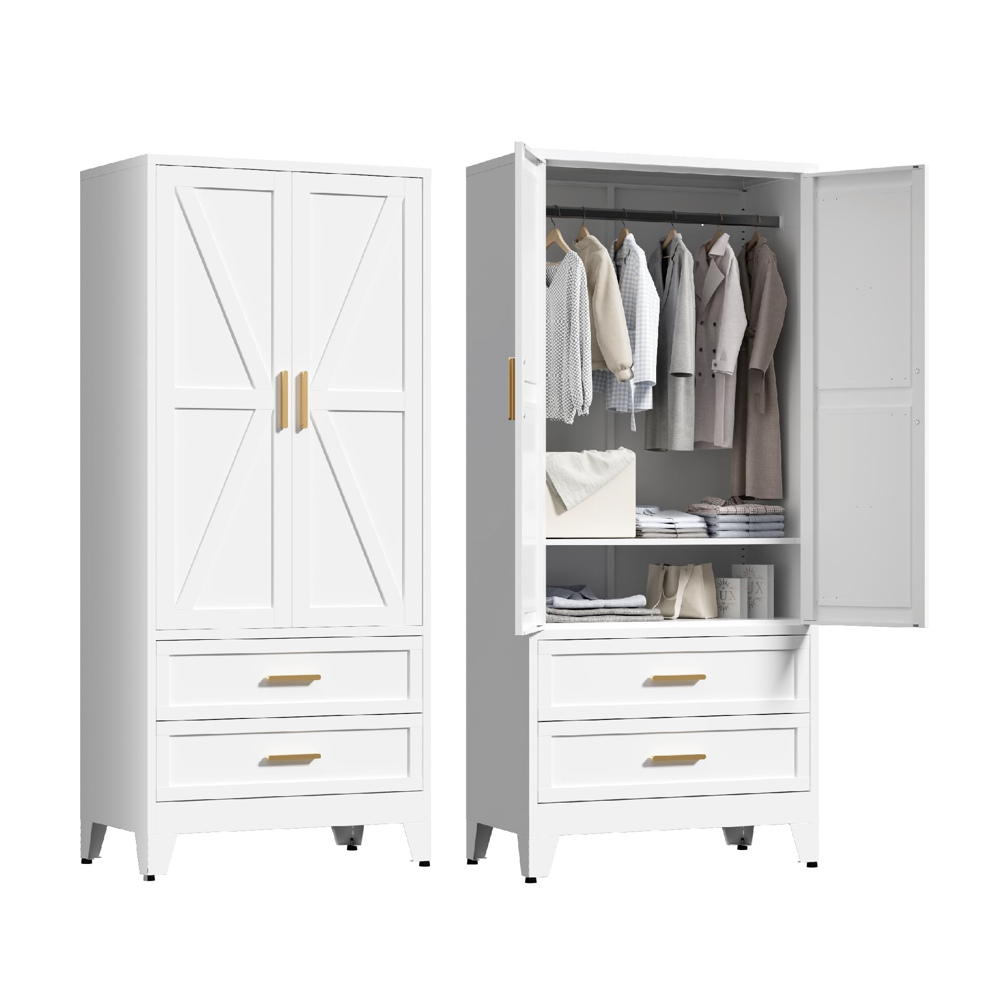 Washsemba 71'' Farmhouse Metal Wardrobe Cabinet with Hanging Rod, 2 Barn Door Wardrobe Closet with Adjustable Shelves,2 Drawer,for Dining Room,Bedroom