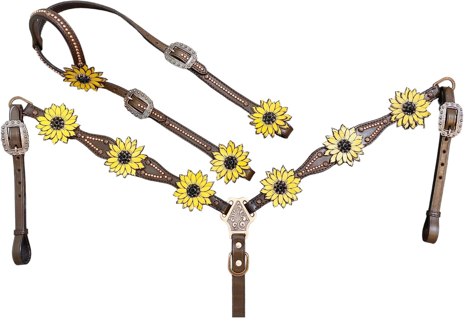 Western Headstall tack Set Decorated with Copper Studs and Hand-Painted Laser Cut and Engraved Sunflower with Black Rhinestones Conchos in The Center