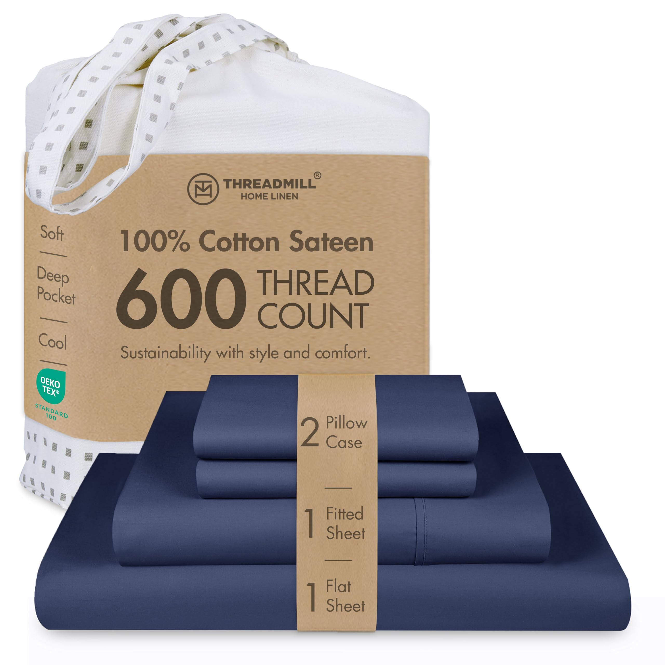 Threadmill Home Linen California-King Sheets - 100% Pure Cotton 600 Thread Count, 4 Piece Sateen Weave Folkstone Blue Bed Set, Soft ELS Combed Cotton, Solid Bedsheets with Elasticized Deep Pocket
