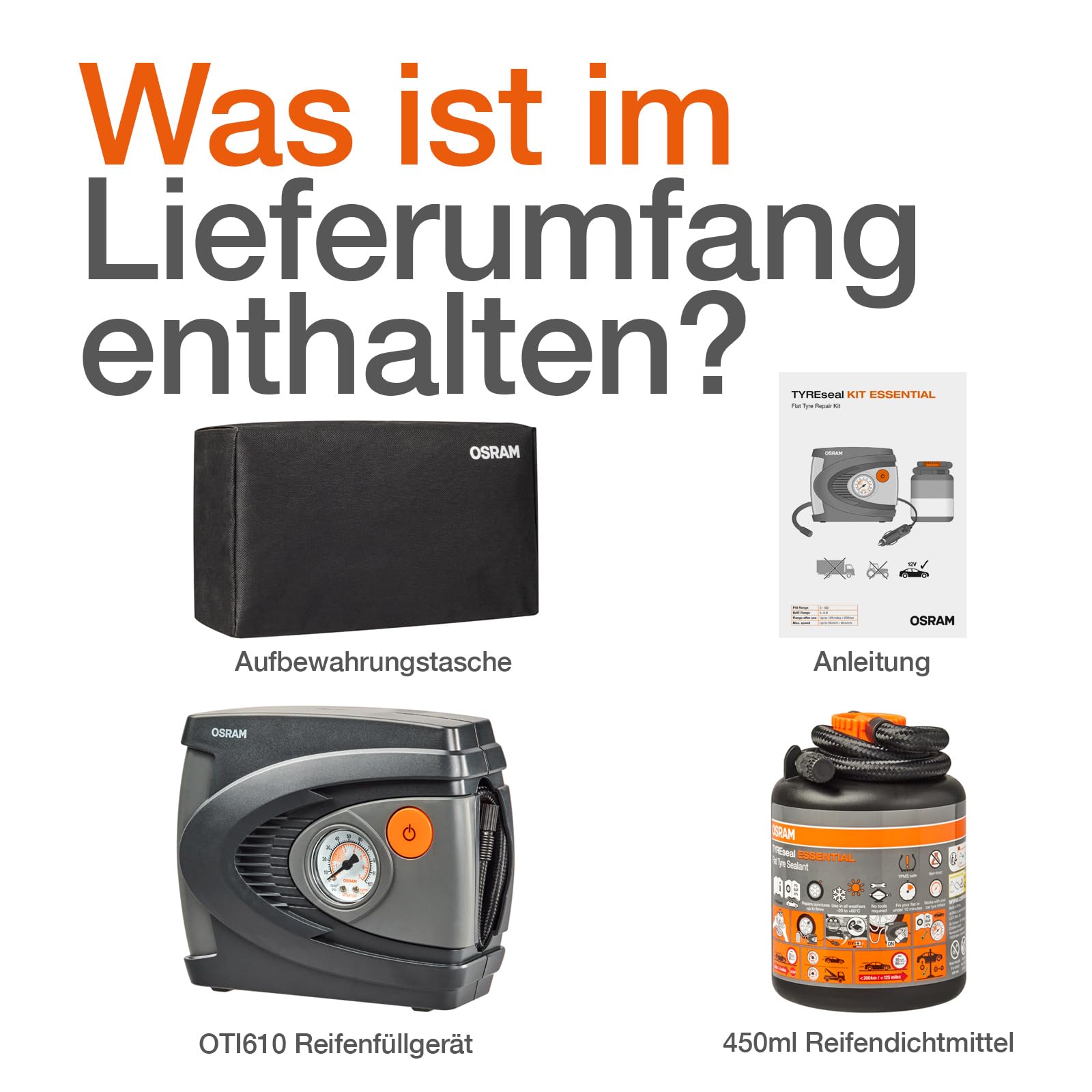Osram TYREseal KIT Essential, 450 ml Reifendichtmittel und analoger Premium-Reifenfüller, RDKS geeigne, inklusive Aufbewahrungsbox