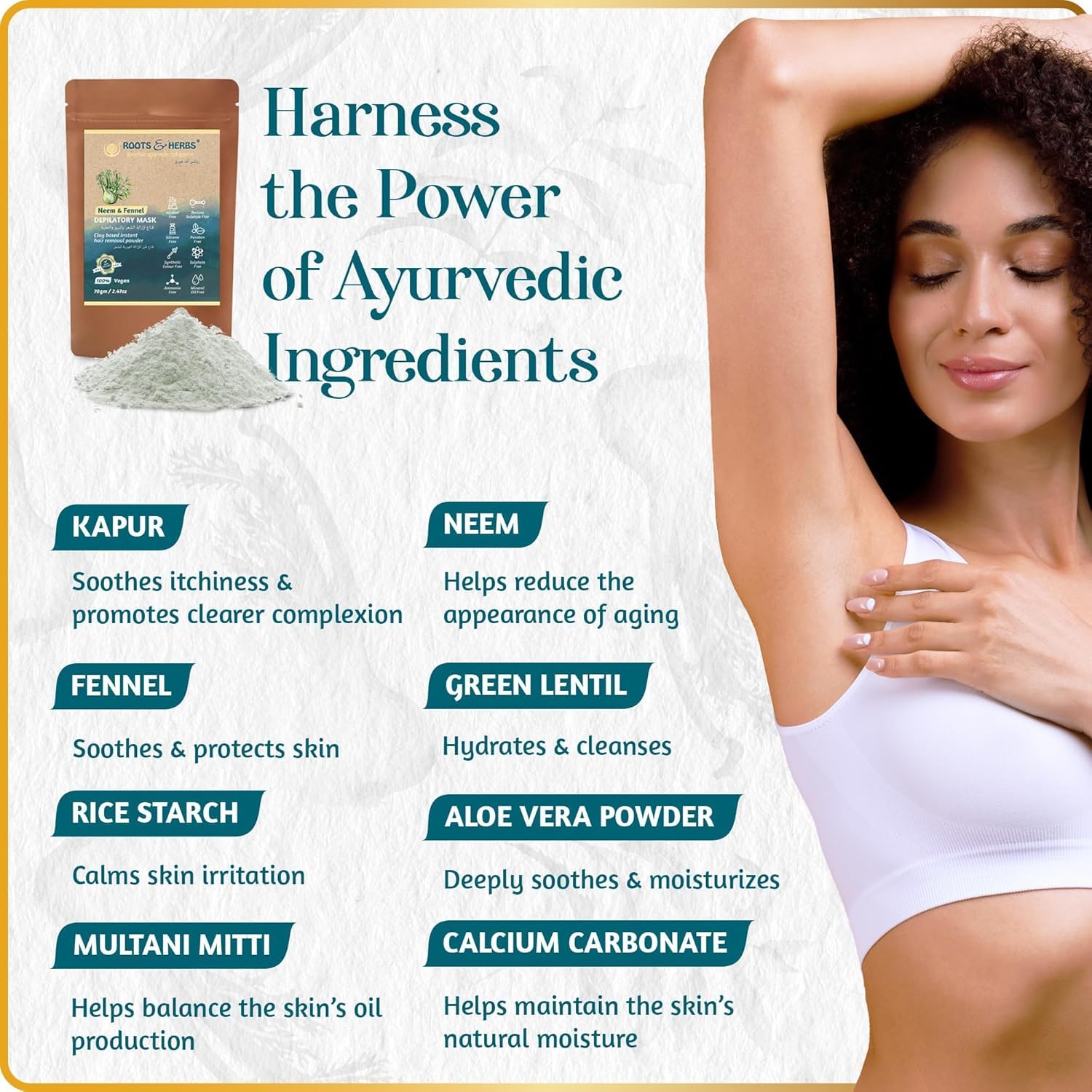 Roots and Herbs Neem - Maschera per depilazione al finocchio, per donne e uomini, gambe, ascelle, petto, con erbe ayurvediche per tutti i tipi di pelle, 470 ml (confezione da 1)