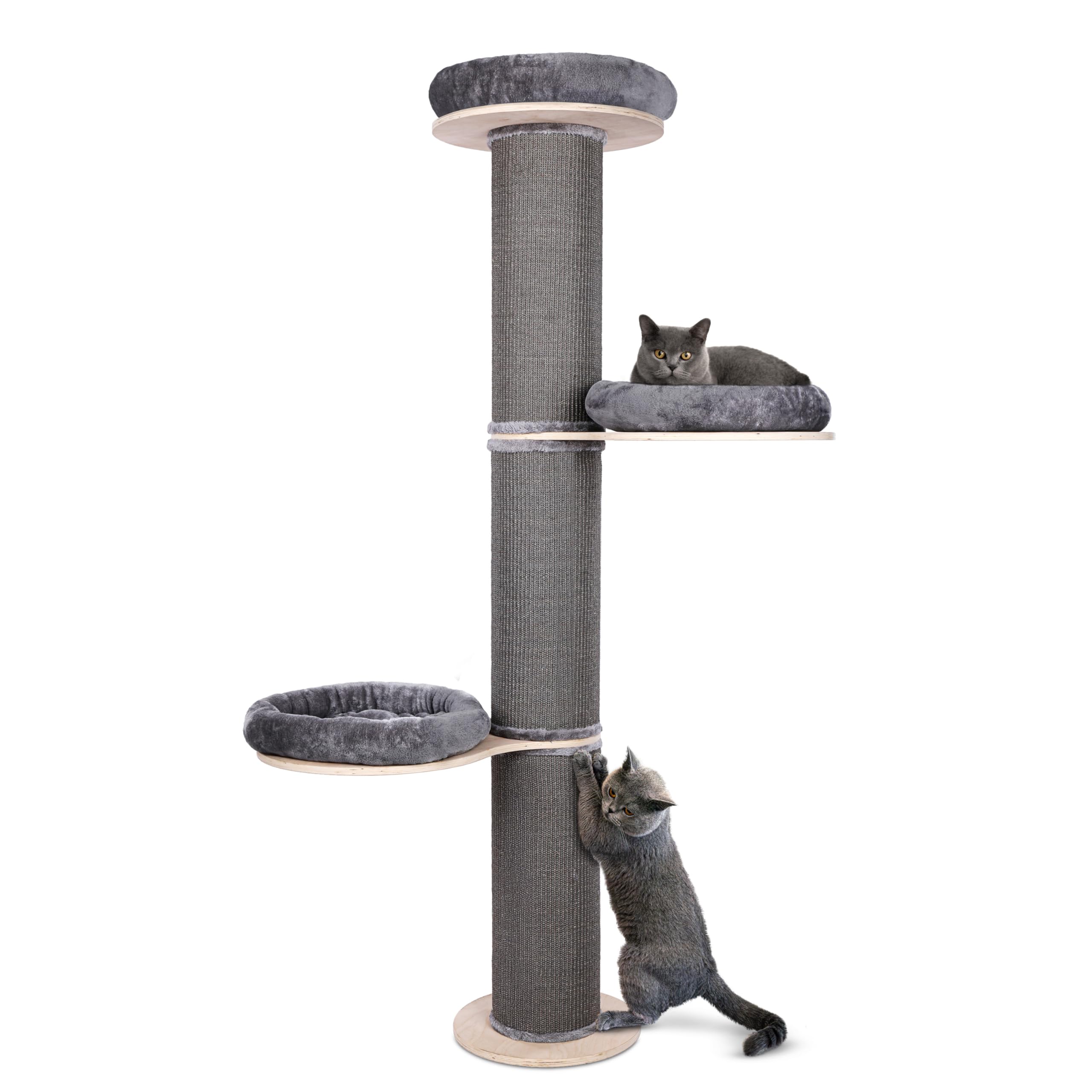 PET VIOLET Kratzbaum wandmontiert 185 cm hoch, XXL Katzenbaum Premium Sisal Säulen, 3 Plattformen Kissen abnehmbar & waschbar I Stabiler & Platzsparender Katzenkratzbaum, Grau