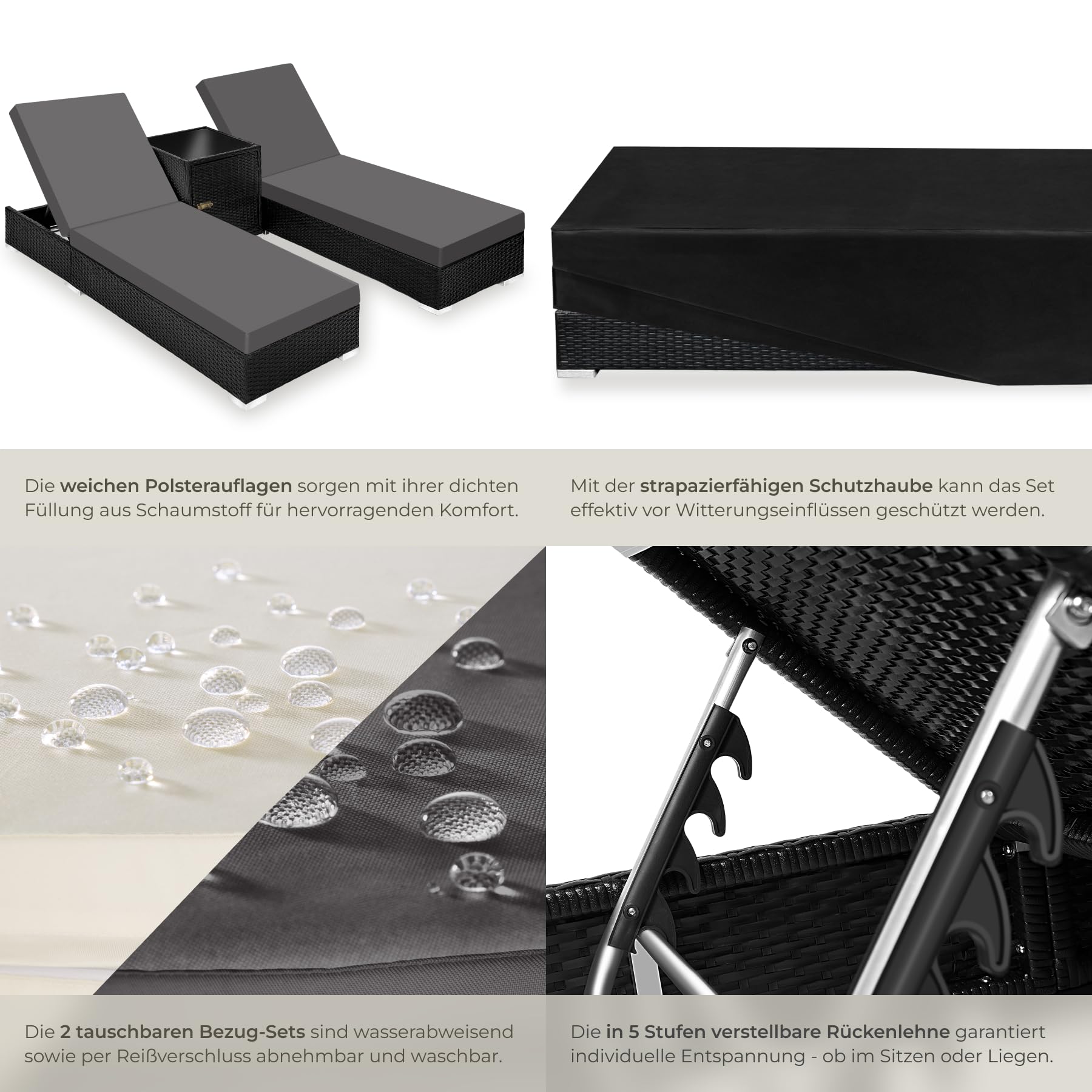 tectake® 2er Garten Lounge Sonnenliegen Set mit Tisch, Aluminium Gartenliege, Gartenlounge Outdoor, Relaxliege inkl. 2 Bezugsets und Schutzhülle, Outdoor Poly Rattan Gartenmöbel Set, 2er Set - schwarz