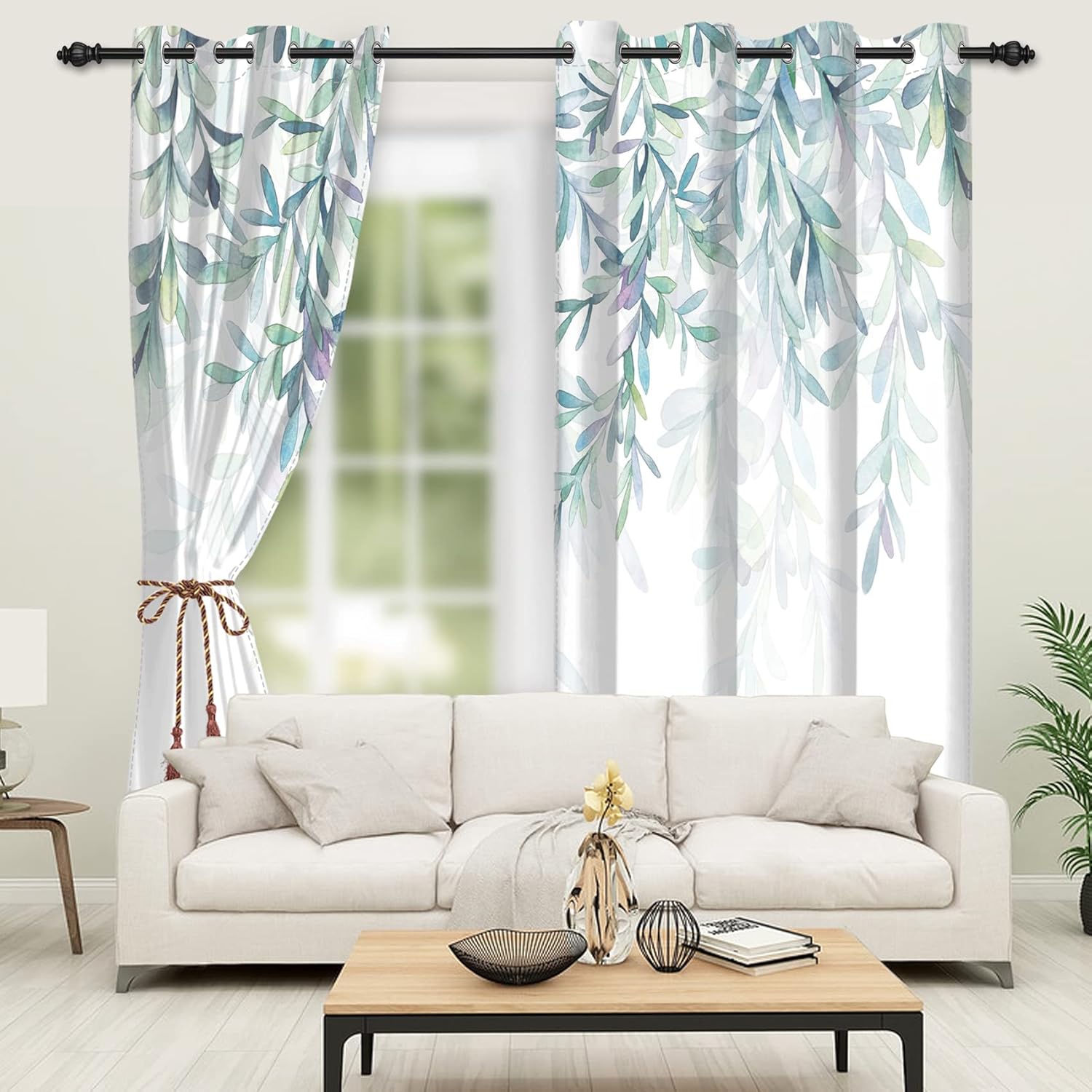 Yeele 21x45inches Green Leaves Window Curtains Watercolor Nature Spring Botanical Plants Branch Window Drapes 2 Panels Set Room Darkening Thermal Insulated Window Curtains for Living Room Bedroom
