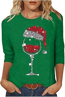 Generic Womens Christmas Tops UK Casual 3/4 Sleeve Crew Neck Tunic Shirts Funny Xmas Tree Red Wine Glass Cow Print Blouse Dressy Trendy Lightweight Holiday Clothes Comfy T-Shirt