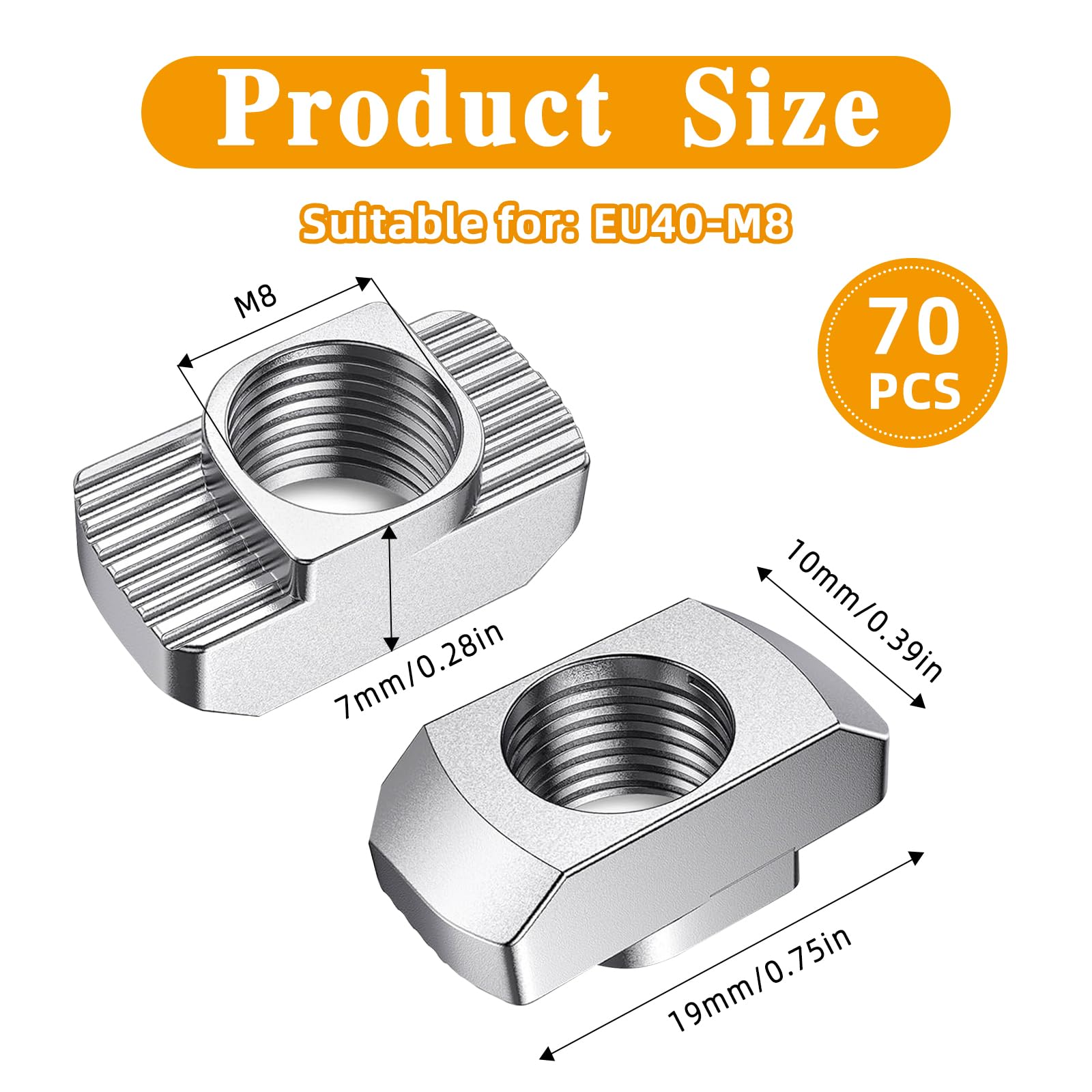 60 pietre scanalate M8, filettatura M8, scanalatura da 10 mm, 8 lunghezze scanalate, acciaio al carbonio, profilo 40 x 40, adatte per scanalature profilate in alluminio (EU40-M8). Adatto per progetti