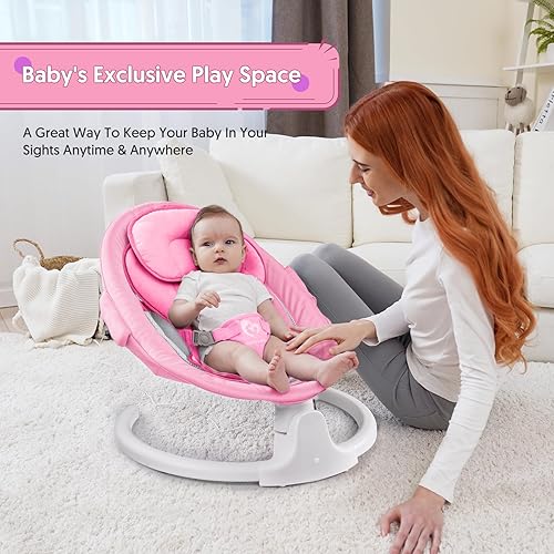 Miniatura 8 de Columpio de bebé con Bluetooth para bebés, compacto y portátil, color rosa, 3 posiciones de asiento, 5 velocidades de columpio, 10 música, control