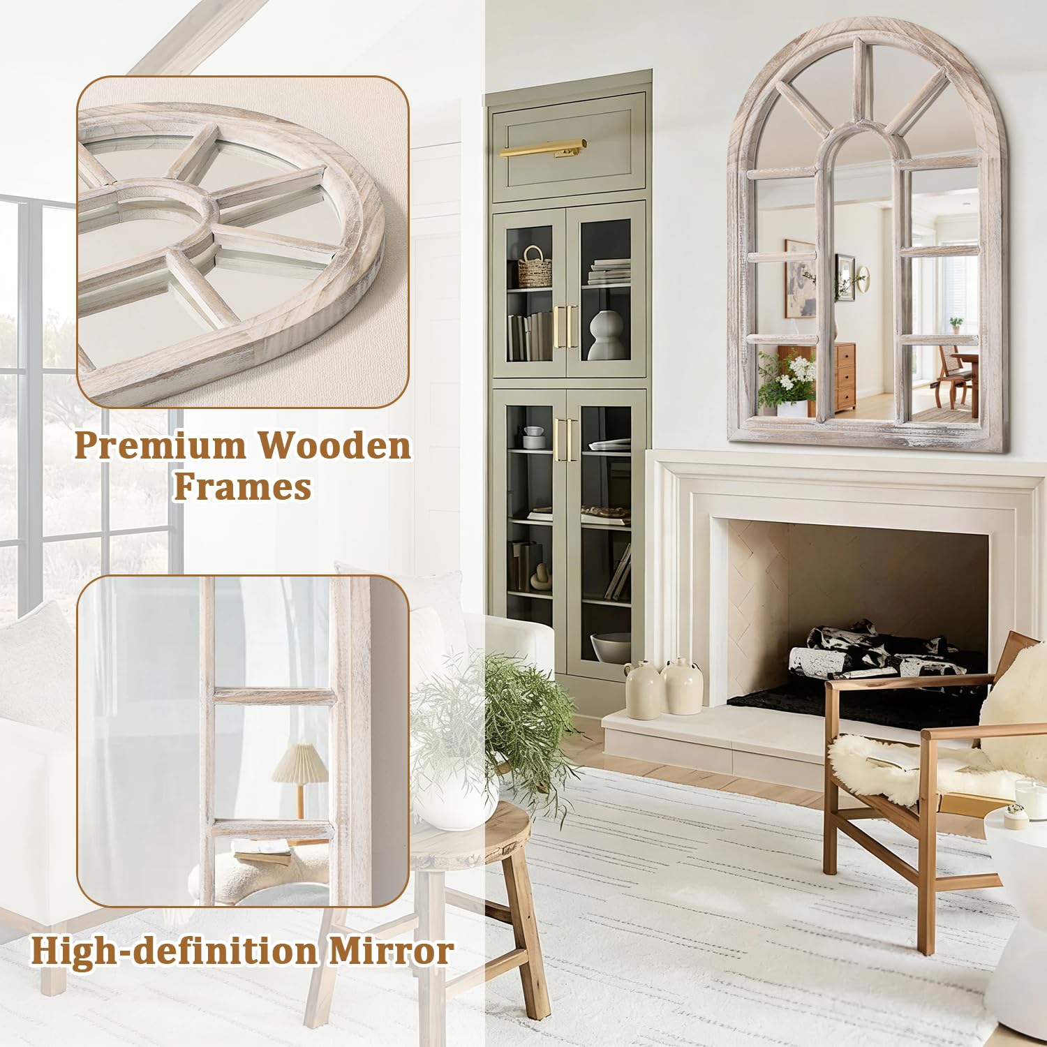 Espejo de arco, espejo de pared blanco, marco de madera grande, espejos decorativos de arte moderno para sala de estar, dormitorio y entrada, 70 x 50 cm, decoración del hogar