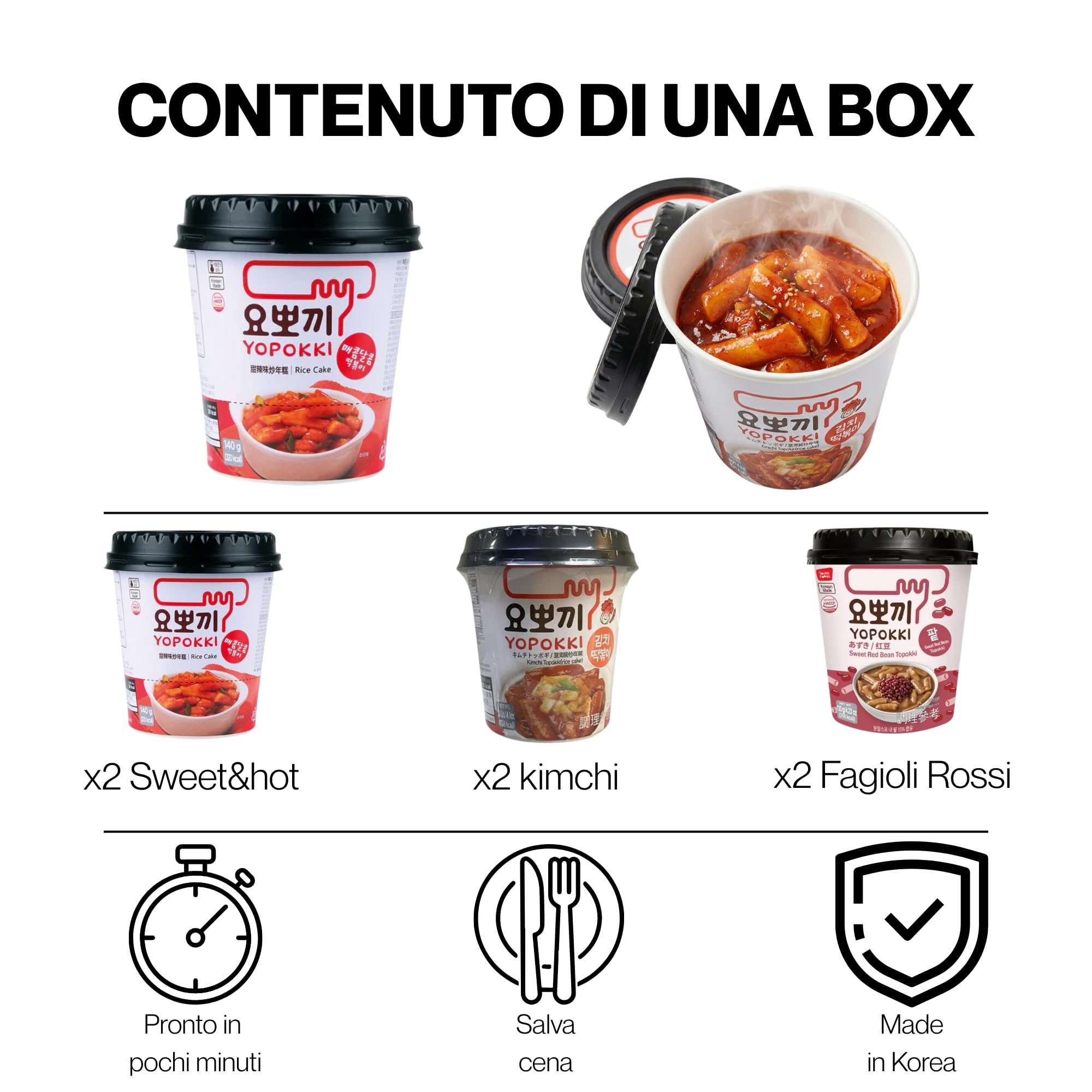 HU TASTE Kit Tteokbokki Gnocchi di Riso Coreano: 2pz Kimchi, 2pz Fagioli Rossi e 2pz Original Rice Cake - Box Cibo Asiatico, Gnocchi di Riso Cinesi e Giapponese Food, Snack Coreano Piccante, 6 Pack