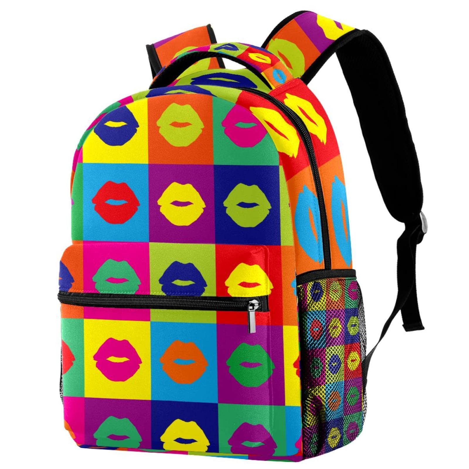 Leisure Campus Travel Backpacks, Colorful Pop Art Lips Bags with Bottle Holder for Girls Boys
