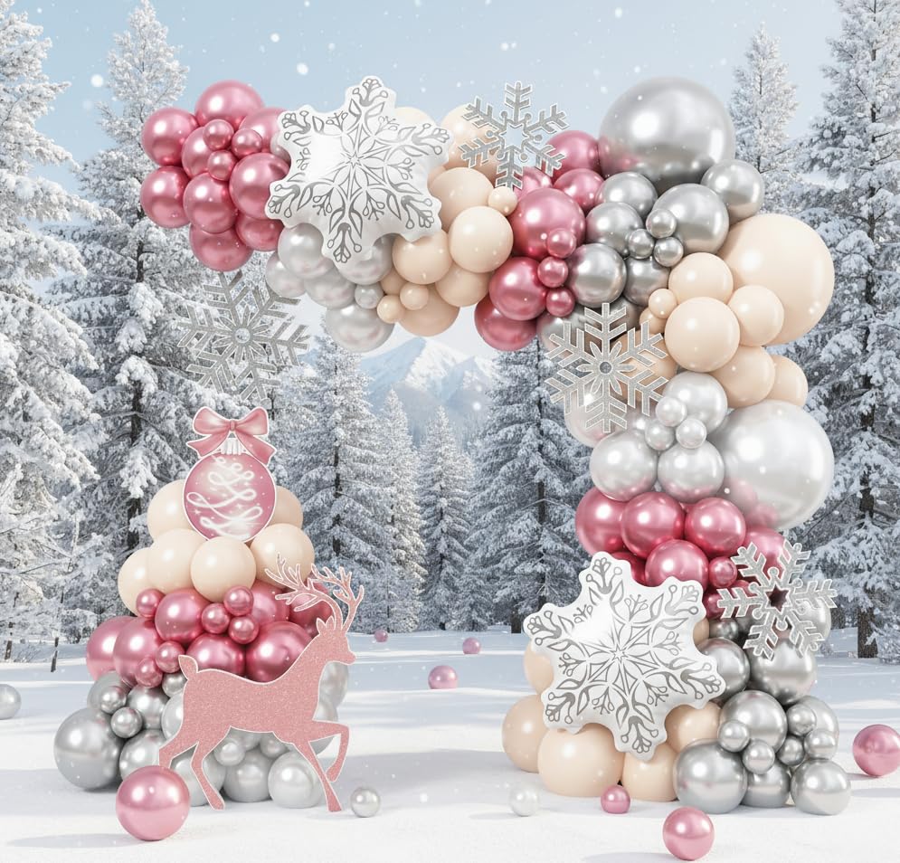 Guirnalda de globos para fiesta de invierno y Navidad con copos metálicos 7