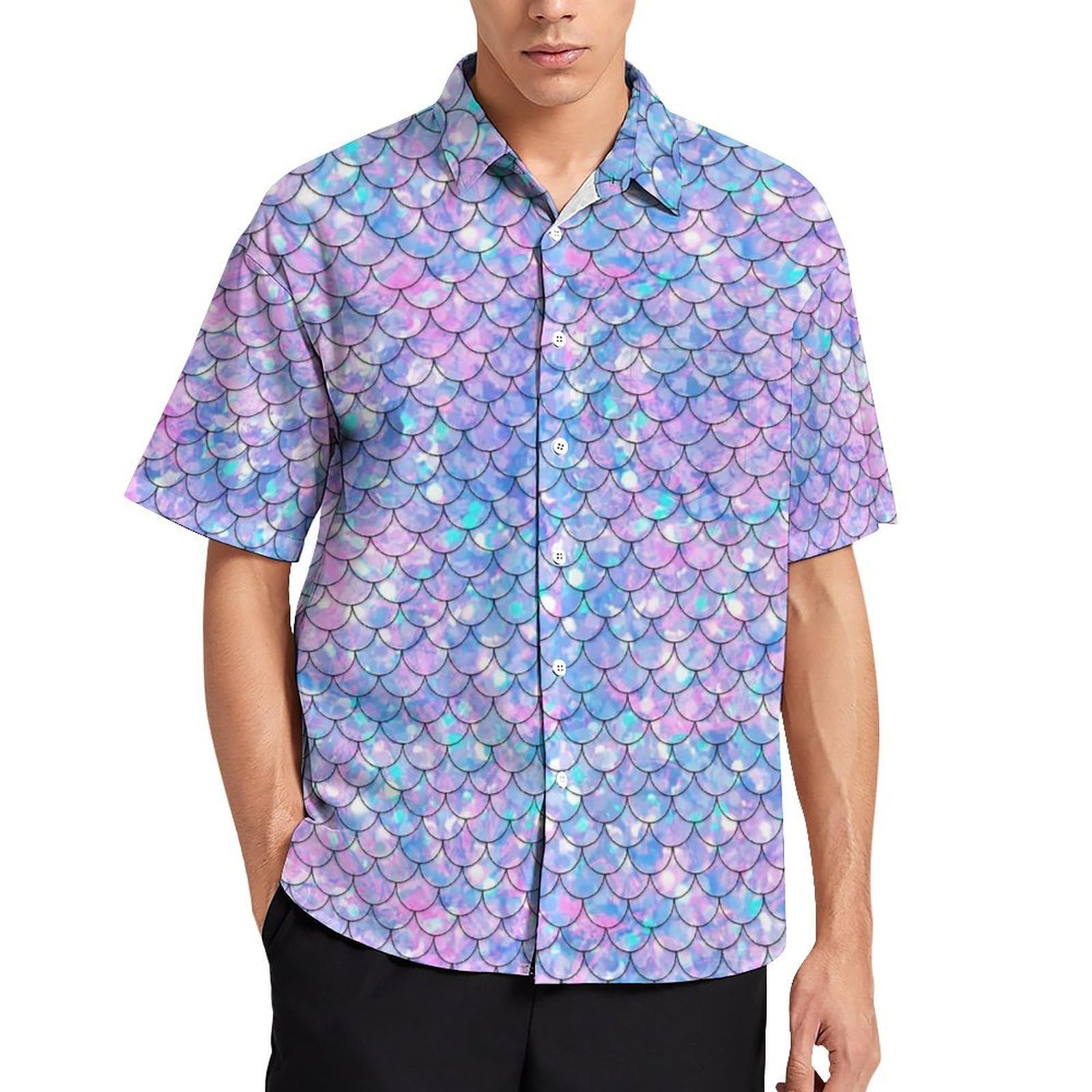 Lurhonp Men's Blue Mermaid Hawaiian Shirts Casual Short Sleeve Button Down Tropical Beach Shirt, Medium