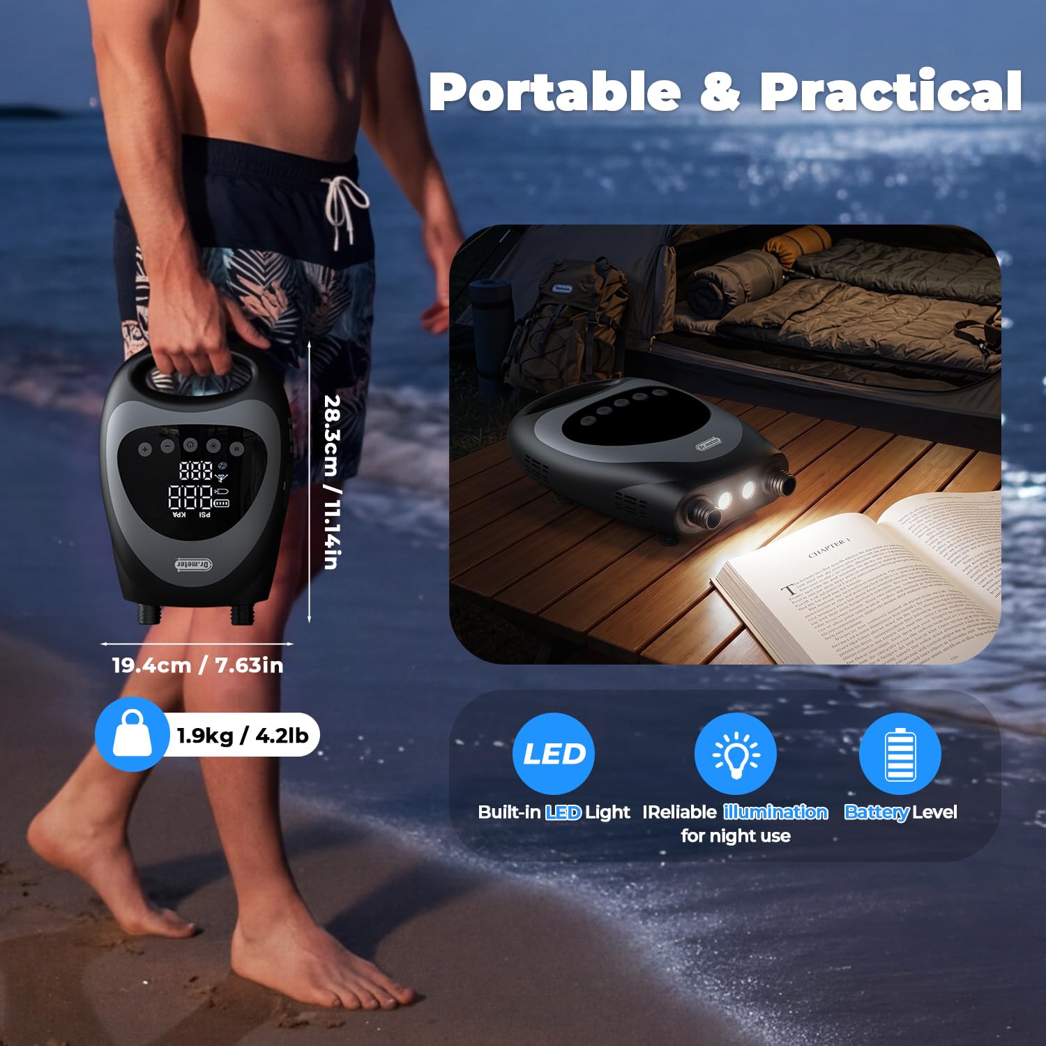 Dr.meter 2026 Nuovo Upgrade Pompa SUP Elettrica 20 PSI, Pompa Elettrica SUP Ricaricabile Portatile con Auto-Off, Gonfiaggio e Sgonfiaggio, 2 Luci LED per SUP, Barche, Kayak, Kitesurf