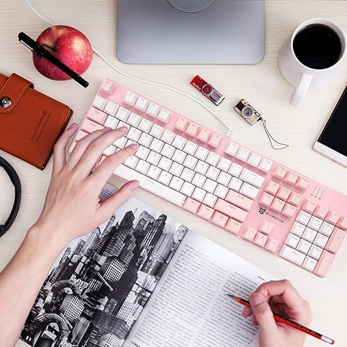 Miniatura 6 de Teclado mecánico con cable Interruptor marrón Diseño de 104 teclas de EE. UU. Intercambiable en caliente y silencioso Combo rosa y blanco
