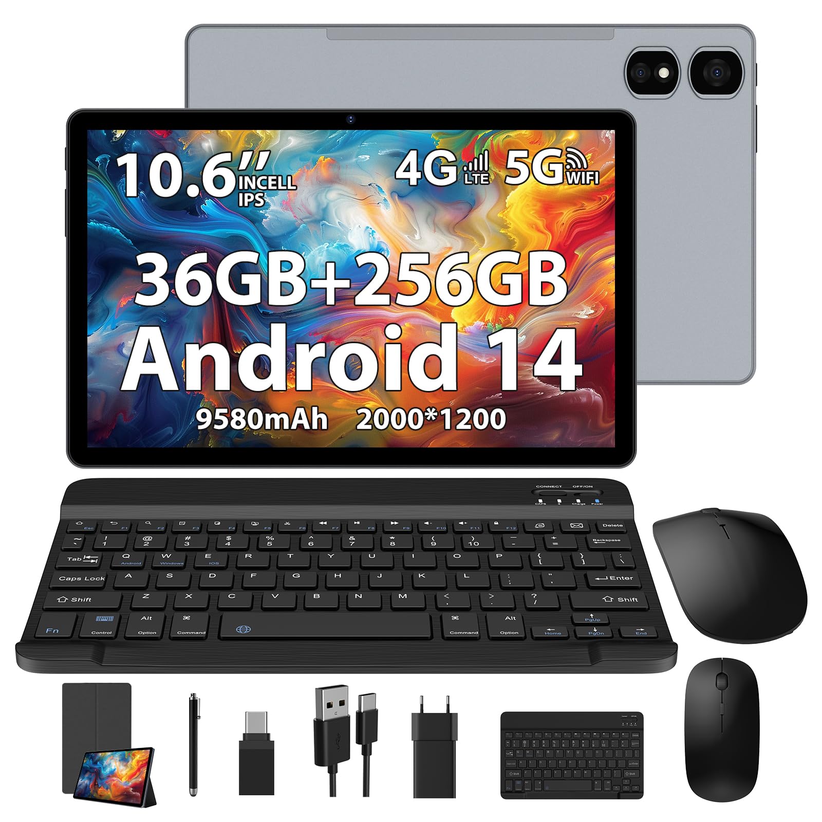 TIGERFU Tablet Android 14, 10.6 Pollici Tablet con Tastiera e Custodia, RAM 36GB+ROM 256GB (TF 2TB), SIM Slot 4G LTE+5G WiFi, 2.0GHz Octa-Core, 8MP+13MP, 9580mAh, BT5.0, 2000 * 1200 IPS, GPS - Grigio