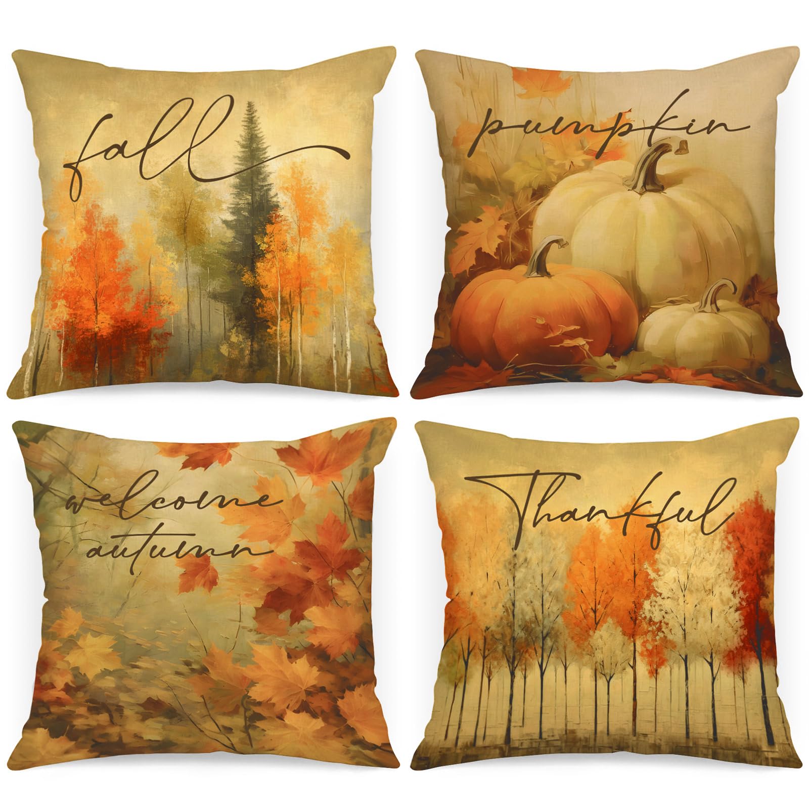 Benjia Juego de 4 Fundas Cojin Otoño 45x45 cm, Acuarela Calabaza Forest Hoja de Arce Fundas de Almohada día de Gracias Halloween sofá Decoración Hogar 45 x 45 cm Decorativa de Almohada de Vacaciones