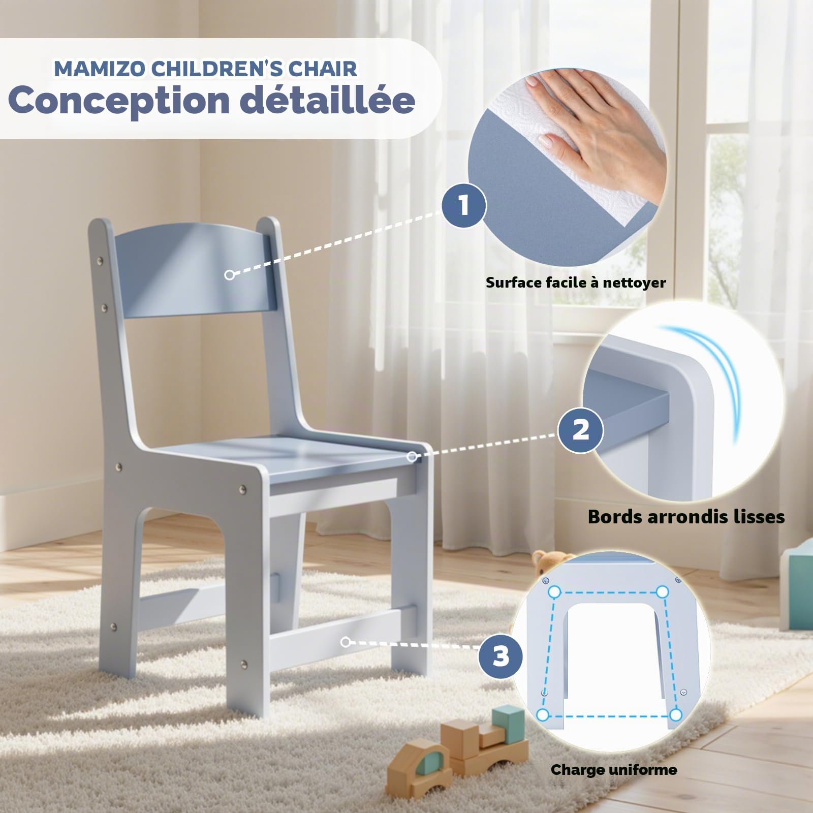 MAMIZO Lot de 4 chaises pour enfant en bois - À partir de 1 an - Hauteur d'assise : 27 cm - Chaises pour enfant jusqu'à 80 kg - 55 x 30 x 28 cm - Table pour enfant - Avec dossier et repose-pieds