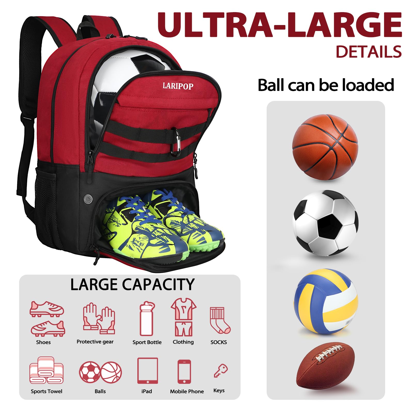 LARIPOP Mochila de fútbol con Soporte para Pelota y Compartimento para Zapatos, Equipo Deportivo, Bolsa de Entrenamiento para Baloncesto