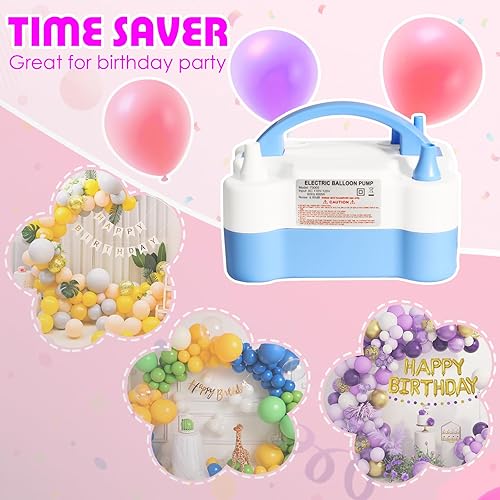 Miniatura 7 de Voircoloria Bomba eléctrica de globos, inflador de doble boquilla portátil automático de 110 V 600 W con herramientas de atado para cumpleaños,