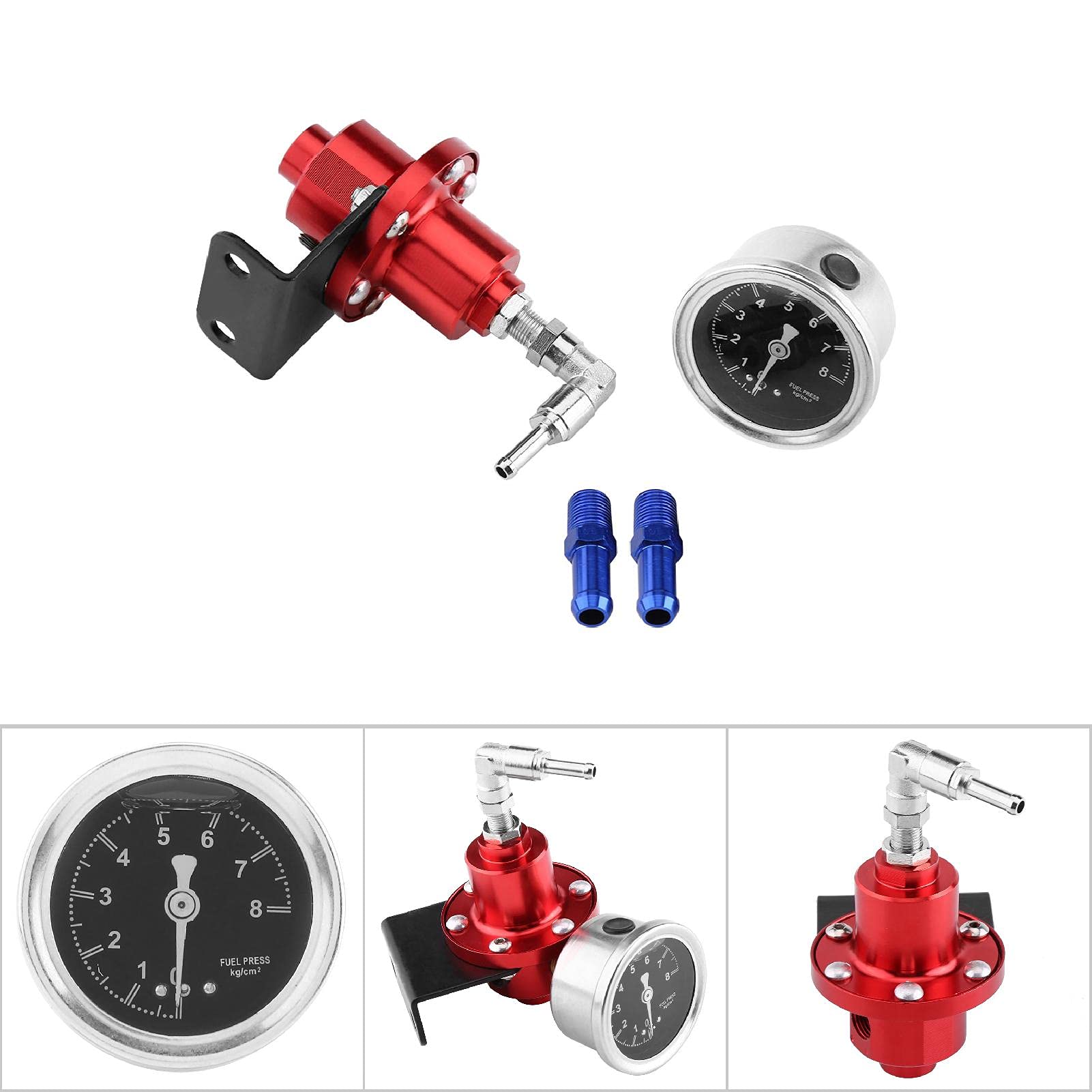 Regolatore di Pressione Carburante Regolabile Universale in Alluminio con Manometro per Auto Portata Massima di Lettura 8 kg per cm² Rosso