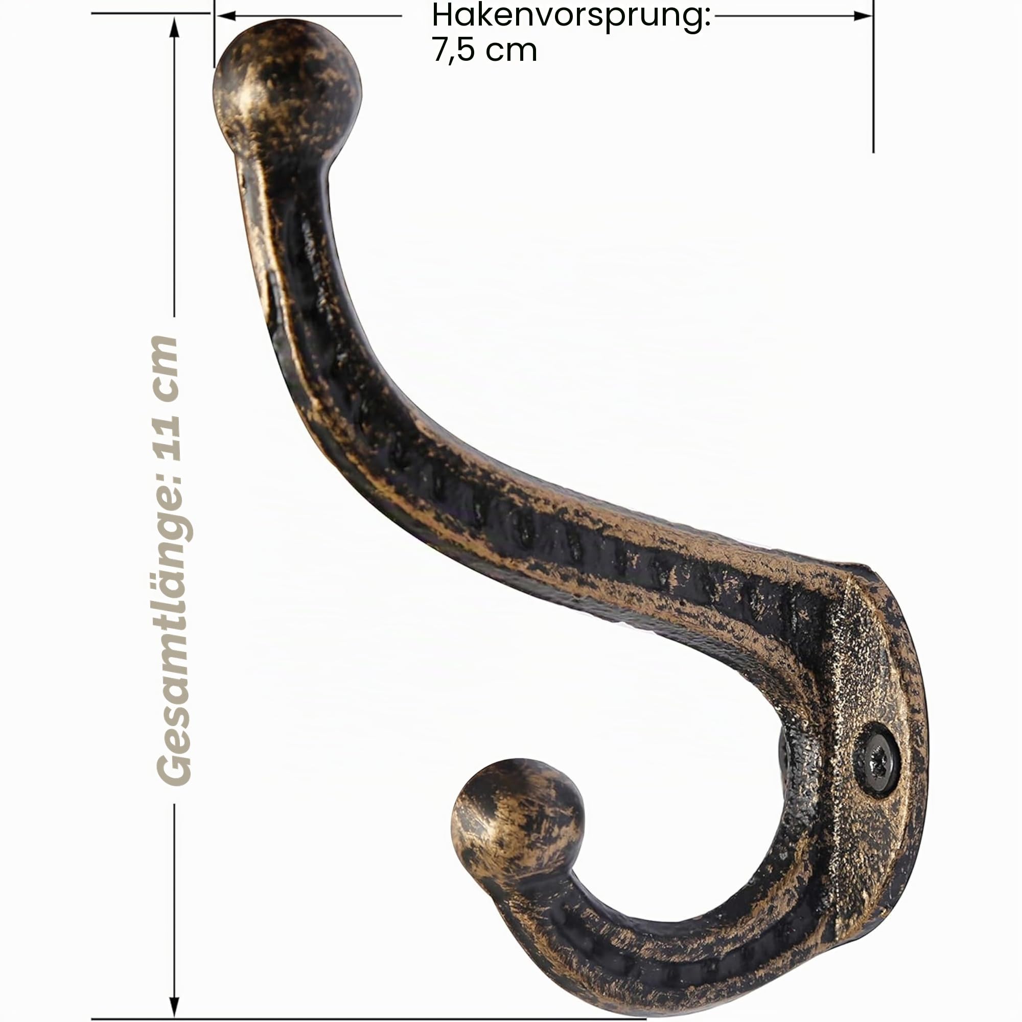 WEBI Kleiderhaken Wand Gusseisen,Garderobenhaken Vintage,Metall Wandhaken Rustikal,Mantelhaken,Huthaken,Doppelhaken für Mantel,Jacken,Hut,Schwarz/Golden,10 Stück