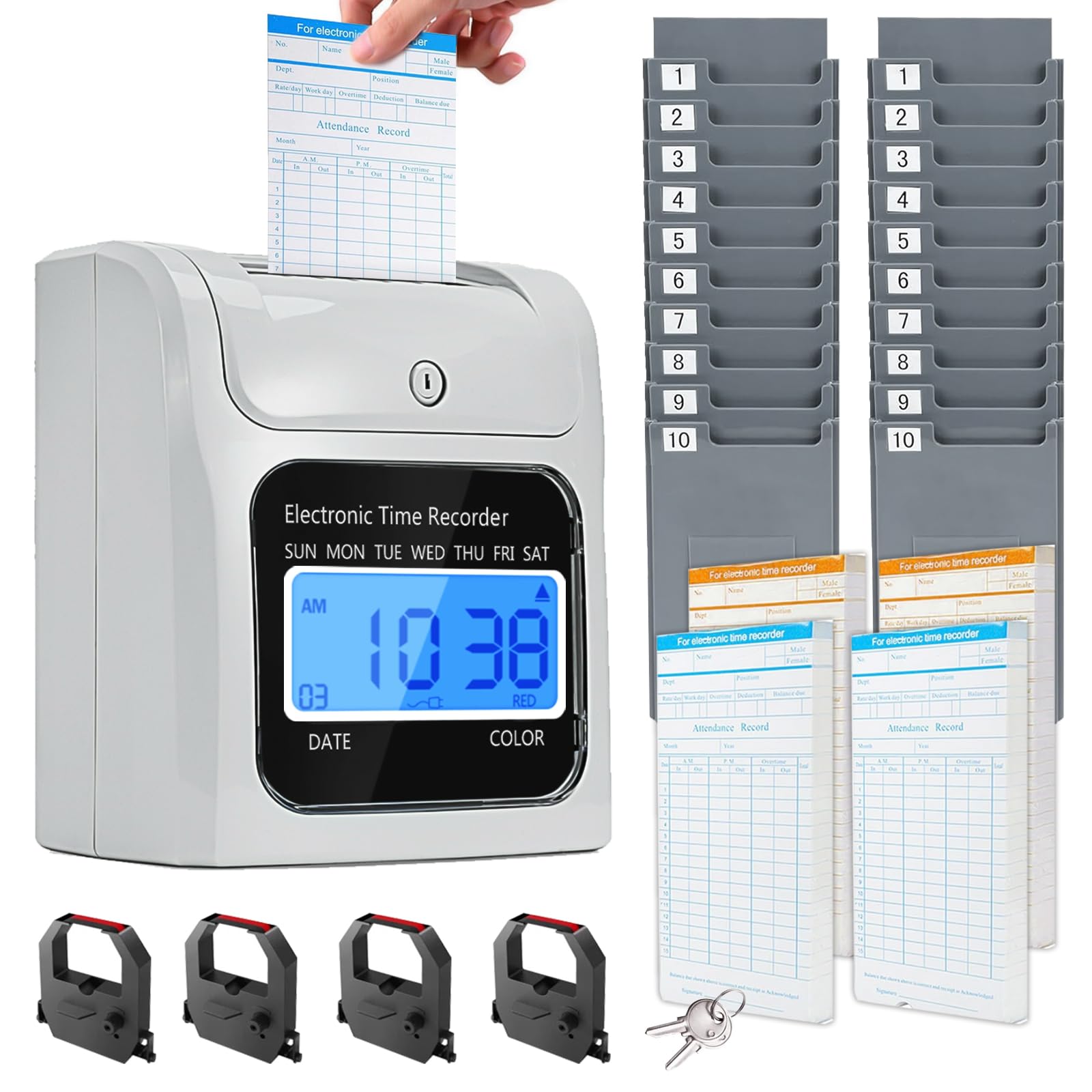 TooCust Time Clock Bundle with 200 Time Cards, 4 Ink Ribbons, 2 Ten-Slot Time Card Racks, &amp; 2 Security Keys, Auto-Align Employee Time Clocks for Small Business