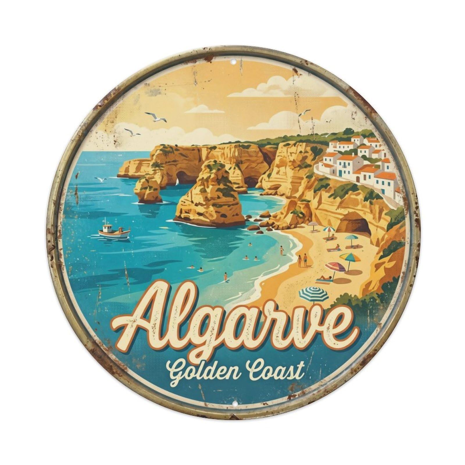 Vintage Travel Algarve Portugal Coast Metal Tin Sign Plaque Wall Decor for Cafe, Club Bar, Office, Home Garden Round Metal Poster 8x8Inch