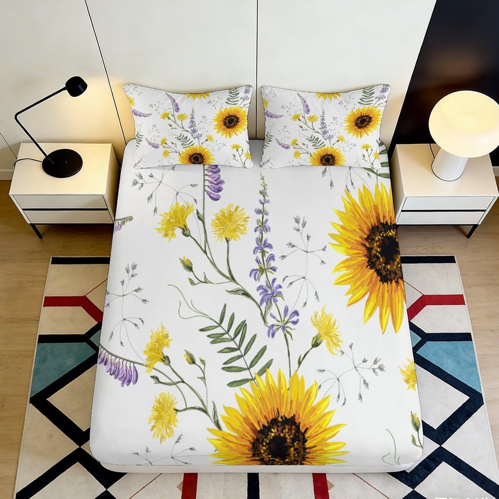 Uynsixtme Style-2 3D Printed Sunflower Microfiber Fitted Sheet Deep Pocket Bedroom Bedding Non-Slip Sunflower Mattress Fitted Cover For Adults 140X200x25cm