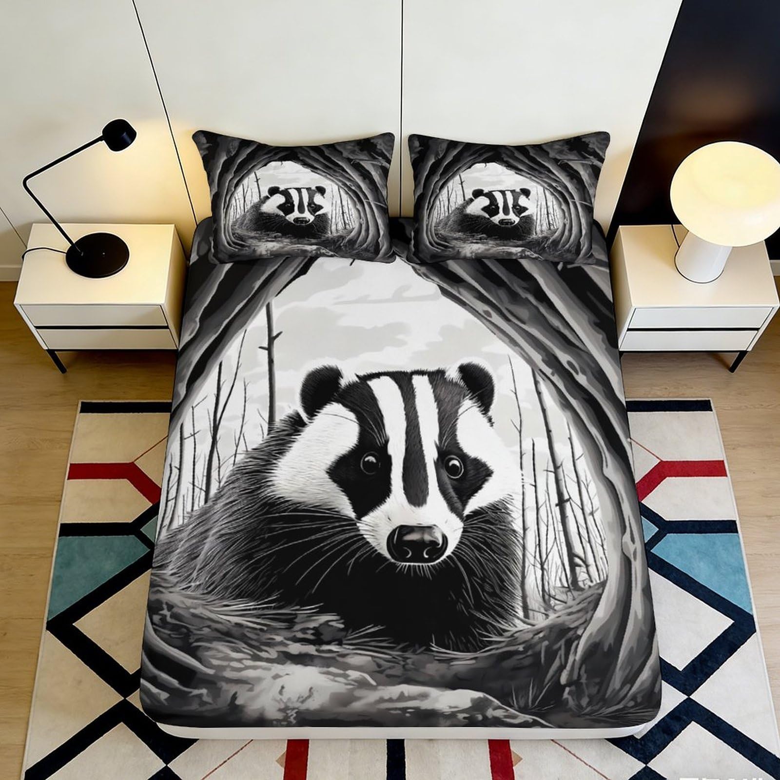 3D Printed Forest Badger Fitted Sheet Microfiber Soft Breathable Woodland Animal Mattress Cover for Bedroom Dorm Decor 90x200x25cm