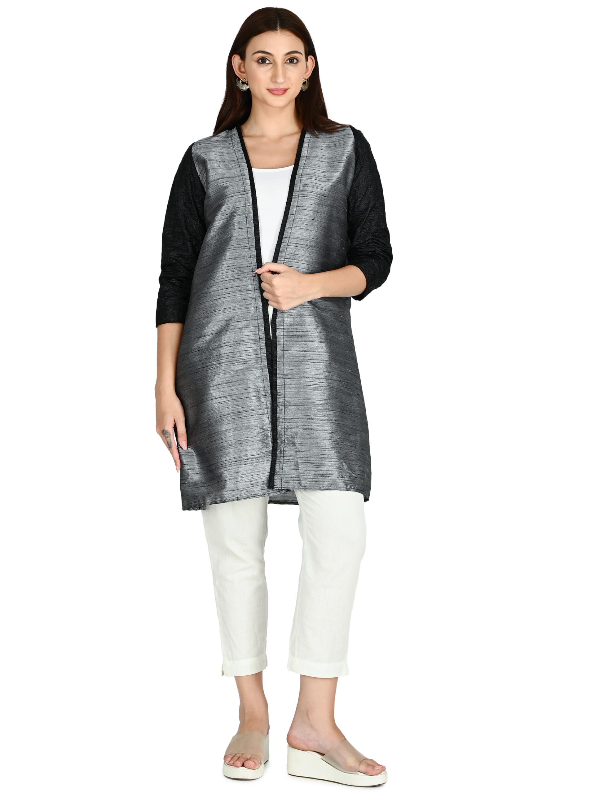 Stylish raw Silk Gray and Back Open Hip Length Blazer-image-38