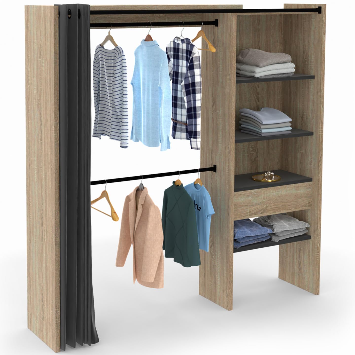 IDMarket - Dressing extensible MARTY 120/​170 x 50 x 180 cm hêtre avec étagères + double penderie + rideau noir