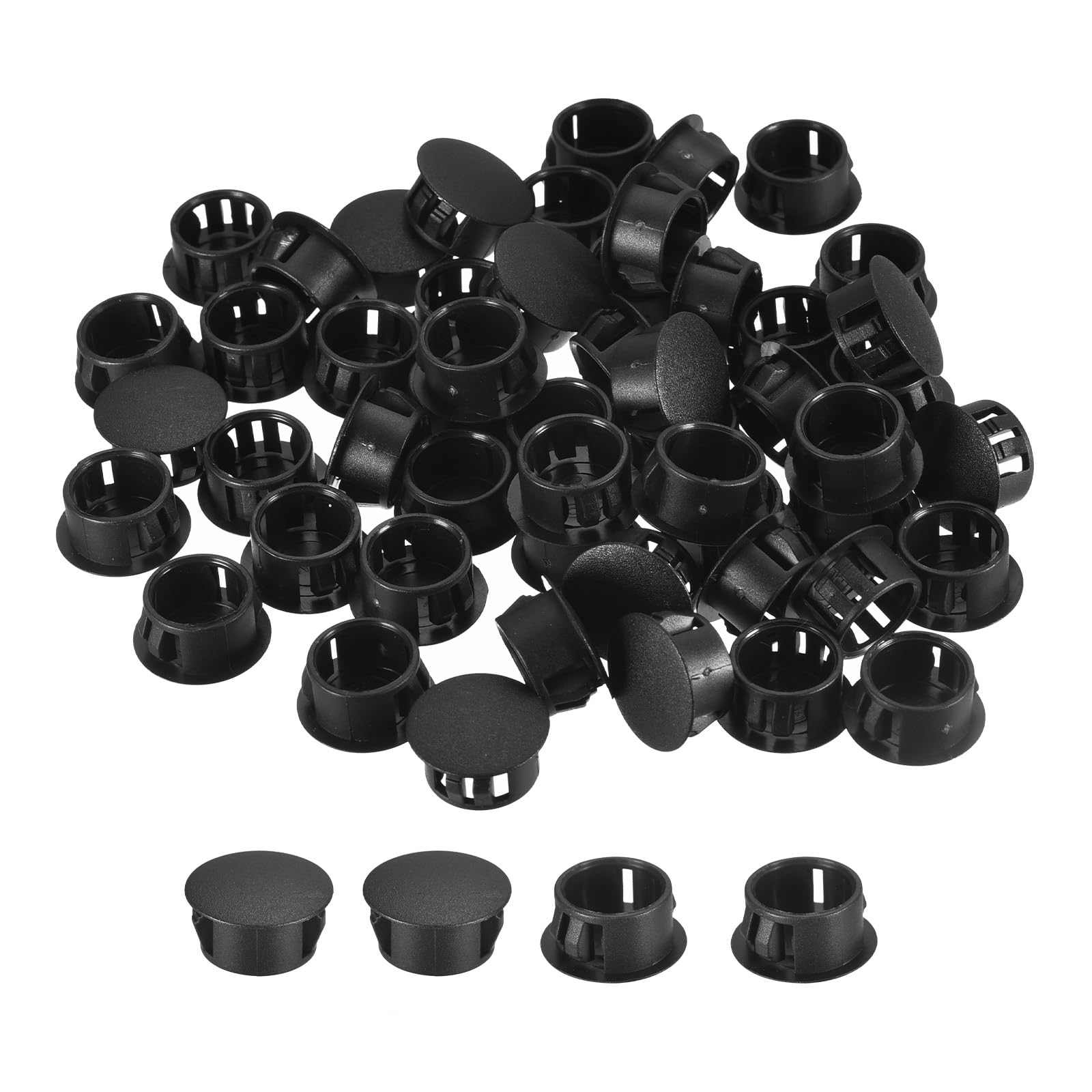 uxcell 5/8" Plastic Hole Plugs, 66Pcs Flush Type Panel Round Snap in Fastener Knockout Locking Plugs for Furniture Insert End Caps Panels, Black