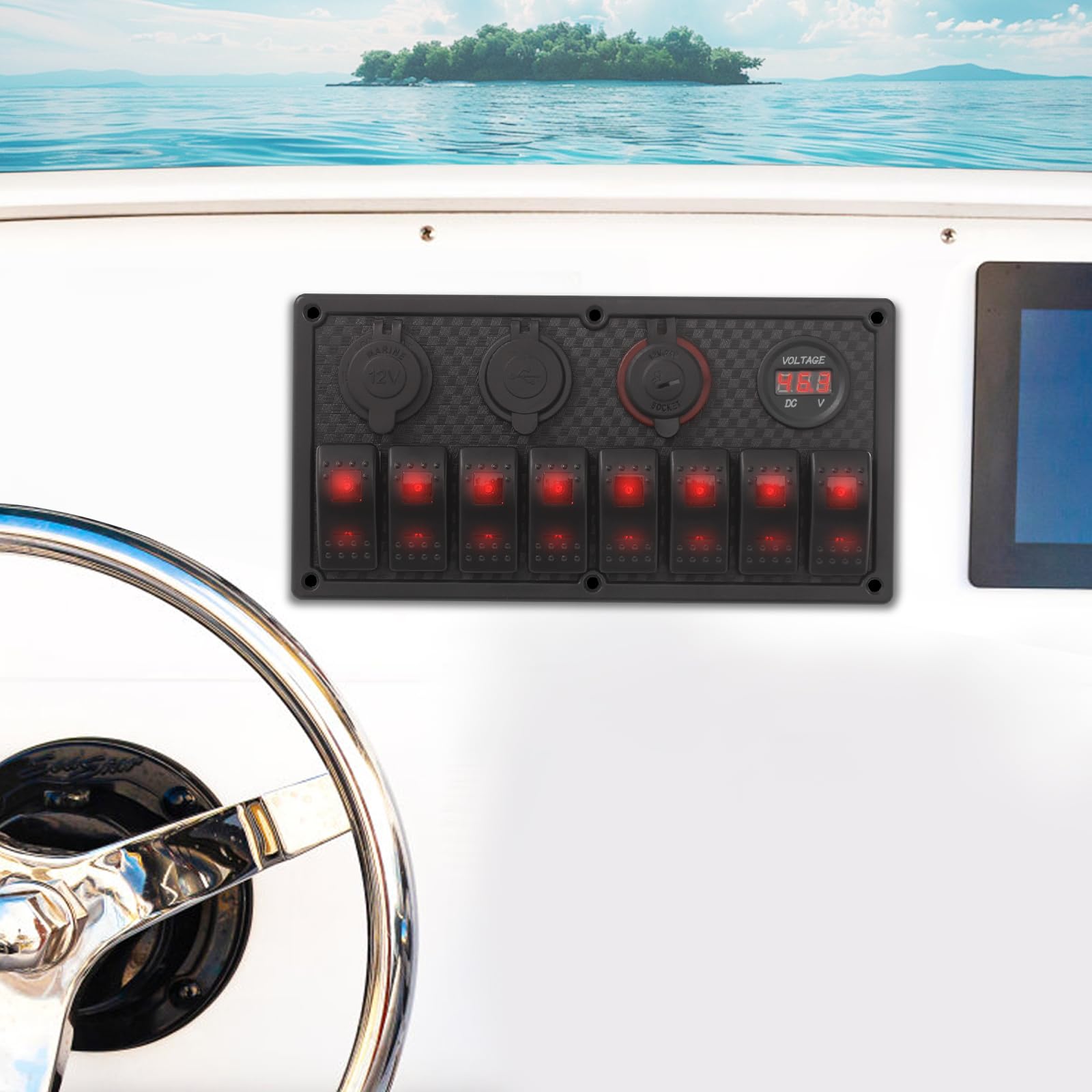 Panel de conmutación impermeable de 8 marchas, 12 V/24 V, multifunción para yates y autocaravanas con voltímetro, cargador USB y enchufe para encendedor de cigarrillos, panel de control LED IP65 para