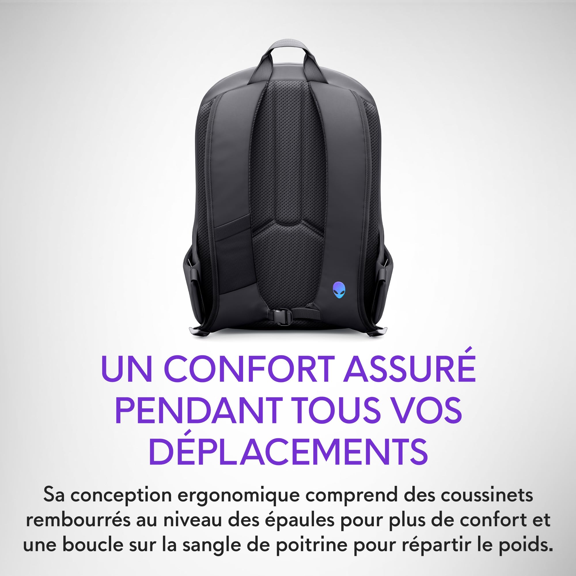 Alienware 16 Sac à Dos - AW5625P - Capacité 21L, Maille Respirante 3D, organiseurs magnétiques, Poche RFID sécurisée, résistant aux intempéries, Logo réfléchissant Iridescent 3D - Noir