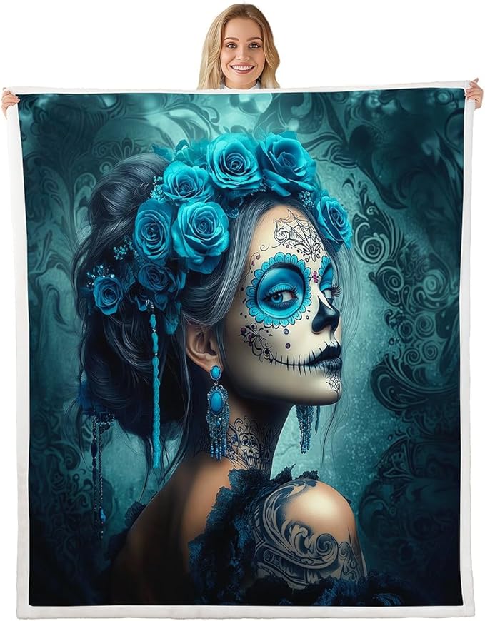 Erosebridal Turquoise Sugar Skull Sherpa Blanket Gothic Skull Fuzzy Plush Throw Hallwoeeen Rose Floral Fleece Blanket for Adults Men Women,Goth Skeleton Decor for Bed Couch Twin 60