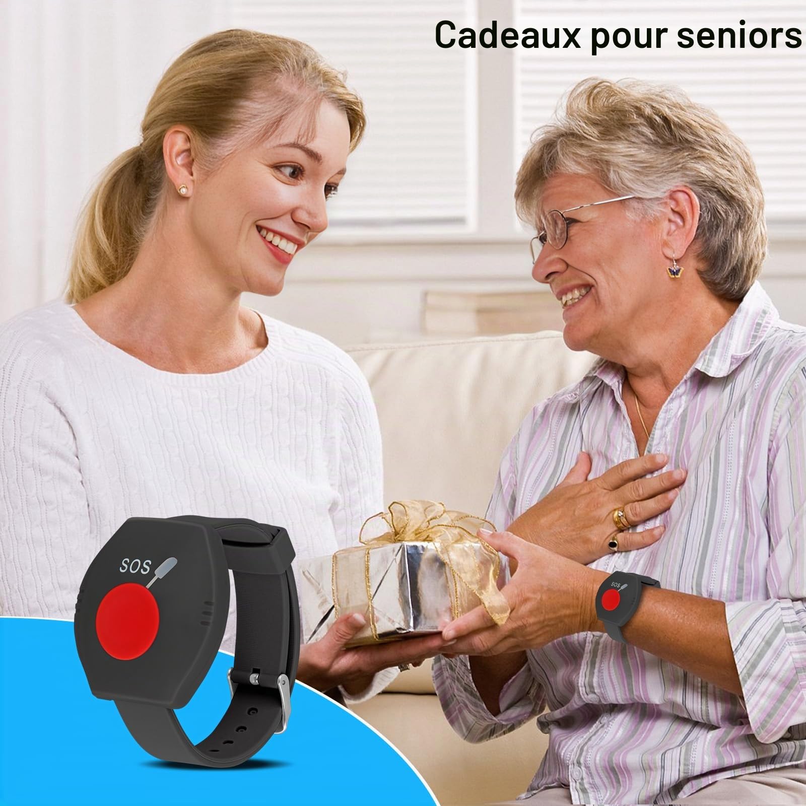 Bouton d'appel urgence WiFi + RF pour les personnes âgées - Système d'alerte pour les seniors - 1 bracelet d'appel - 1 récepteur