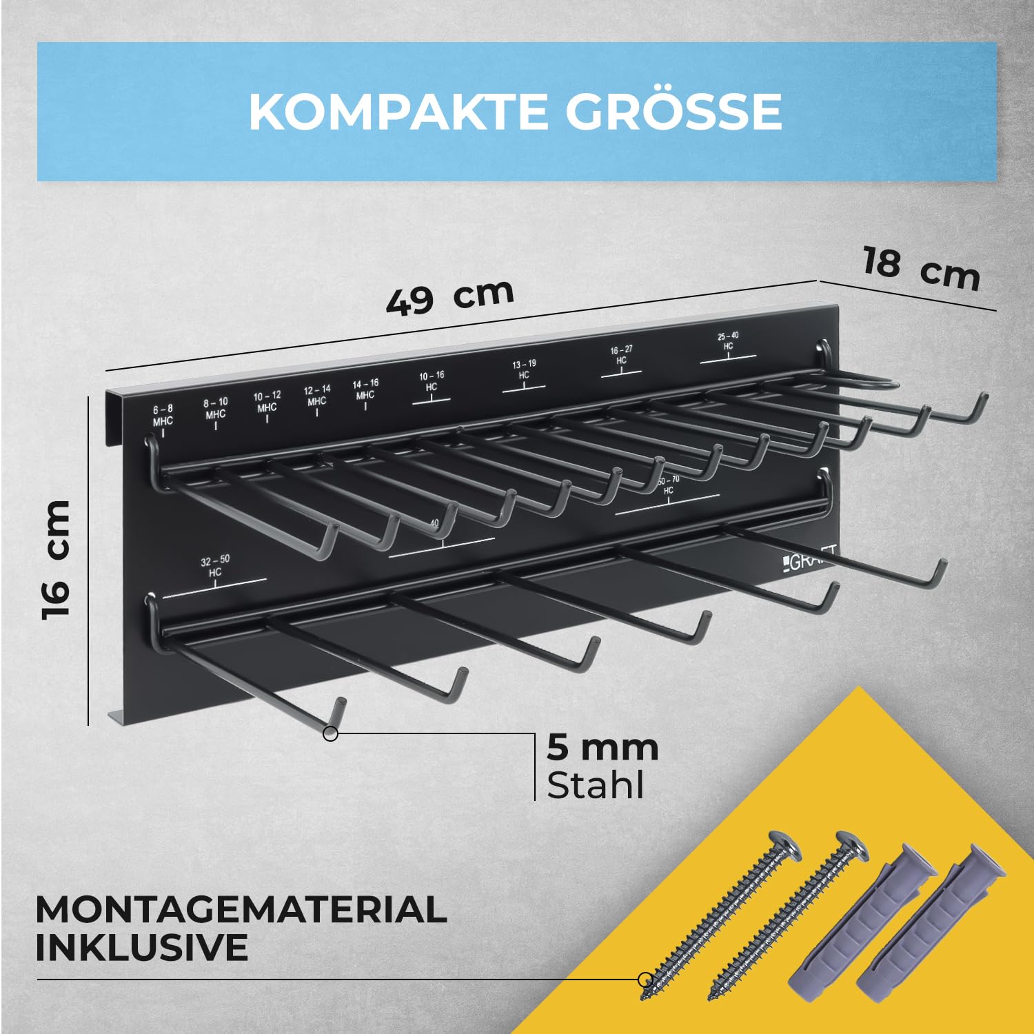 GRAFT Schlauchschellen Wandhalter Set | 227 Stück | Inklusive Halterung und Schraubendreher | Rohrschellen Set | Einstellbare Schlauchklemmen | Schlauchschelle Sortiment | Organizer Rack