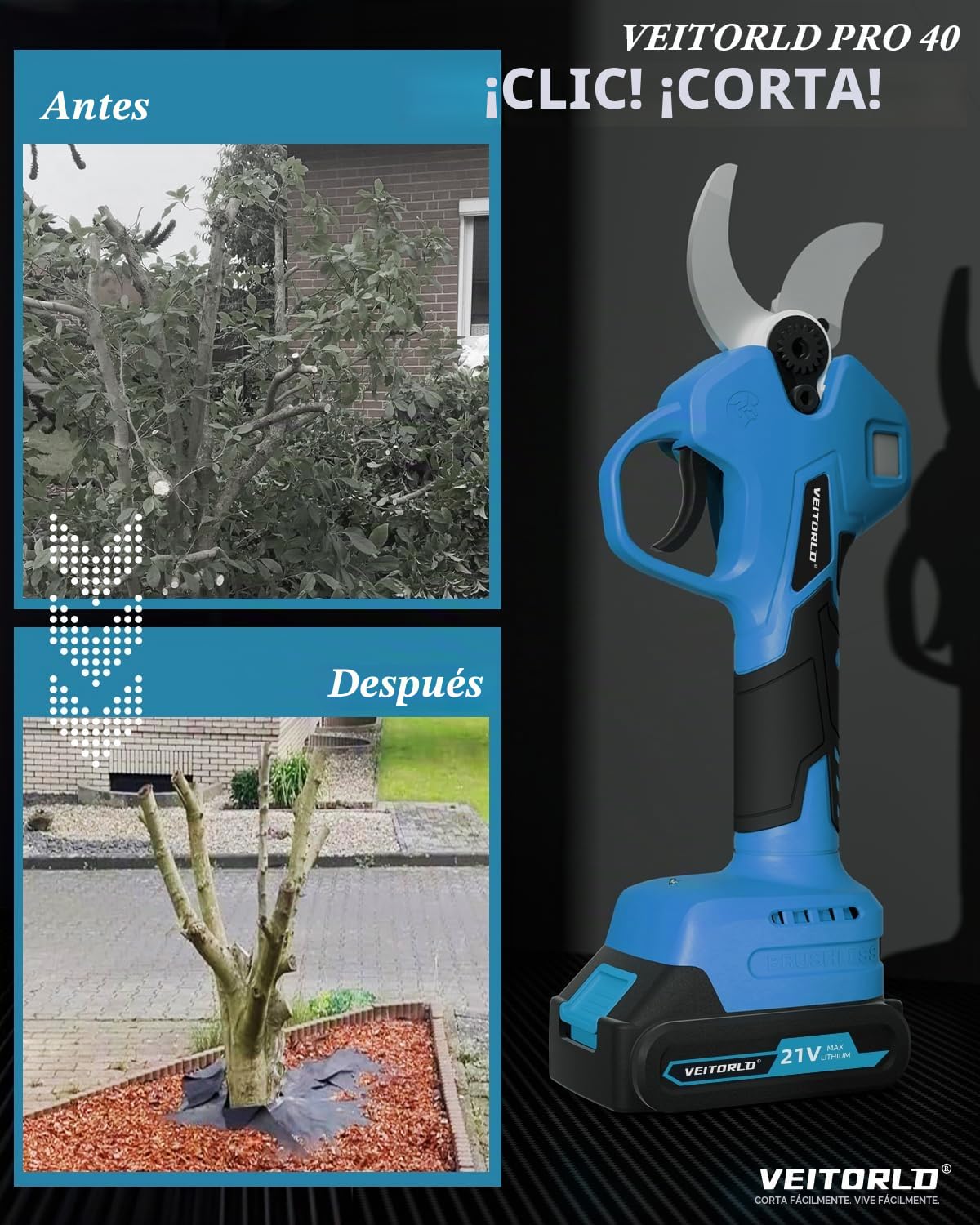 Tijeras de podar profesionales con batería de 1200 W para Makita 18 V, fuerza de corte de 40 mm, motor sin escobillas, tijeras de podar eléctricas con batería, 2 x 2000 mAh, mango ergonómico, regalos