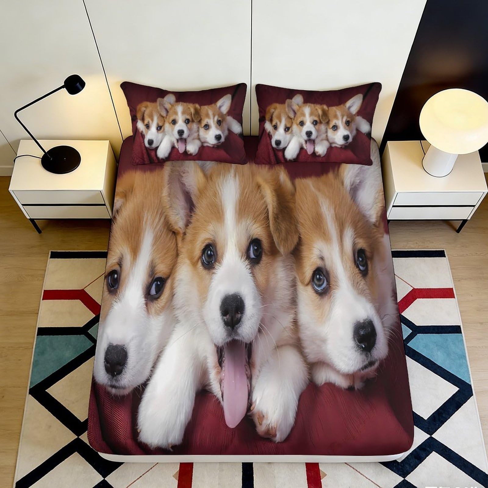 3D Printed Corgi Puppy Fitted Sheet Microfiber Non-Slip Dog Bed Cover for Bedroom Guest Room Dorm Mattress Protection 200x200x25cm