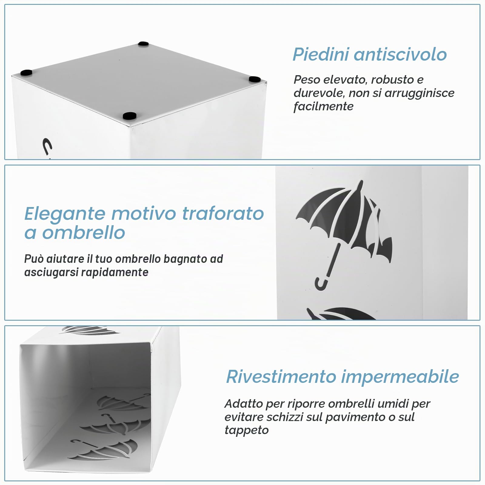 Porta Ombrello Design, Porta Ombrelli in Metallo Quadrato in Stile Moderno, Supporto per Ombrelli con Scultura Antiruggine, per Casa, Ufficio, Ingresso Corridoio, 42 x 16 x 16 cm (Bianco)