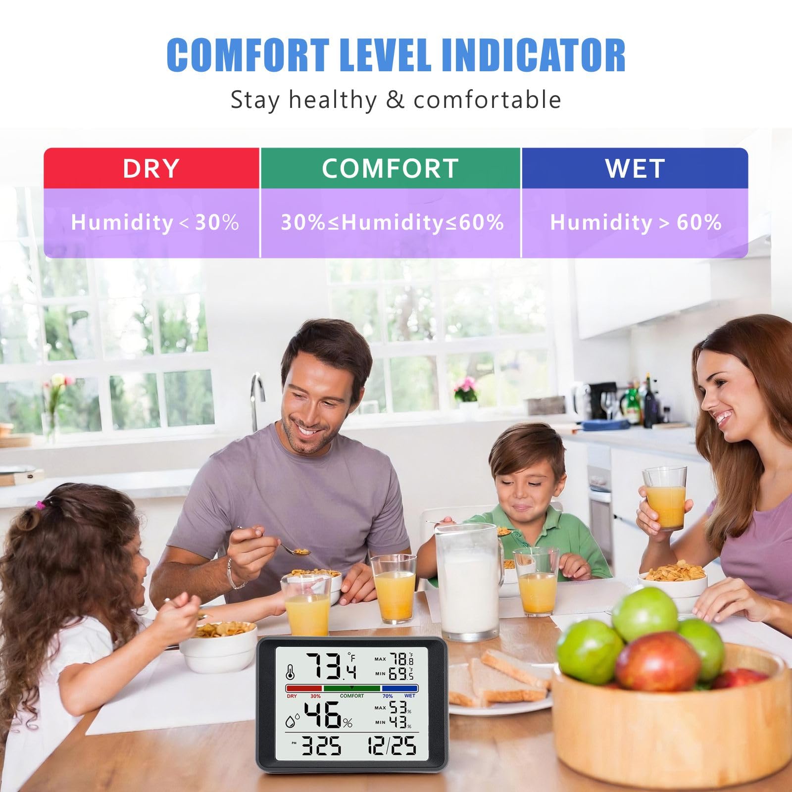 Digital Thermometer Hygrometer, Plumeet Indoor Wall Thermometer with Backlight, Digital Alarm Clock, Date, Air Comfort Indicator, Max Min Record, Desktop Thermometer for Home, Black - 5